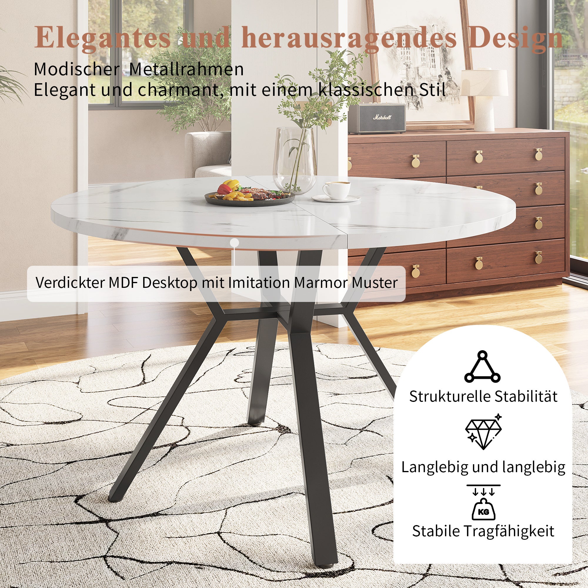 Set tavolo rotondo e 4 sedie in velluto per sala da pranzo - P 100 x H 75 cm - Gambe in MDF e metallo - Effetto marmo - Grigio + bianco - 7