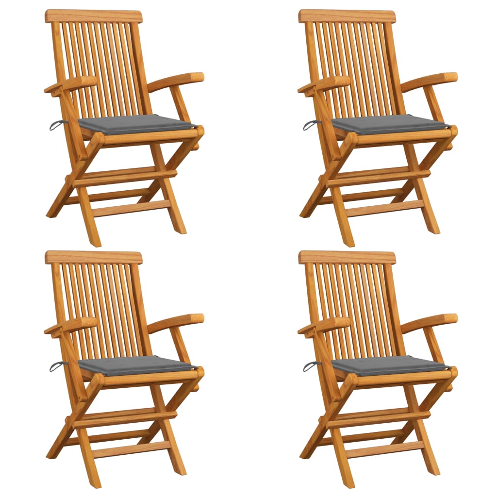 Chaises de jardin avec coussins gris 4 pcs Bois de teck massif - 2