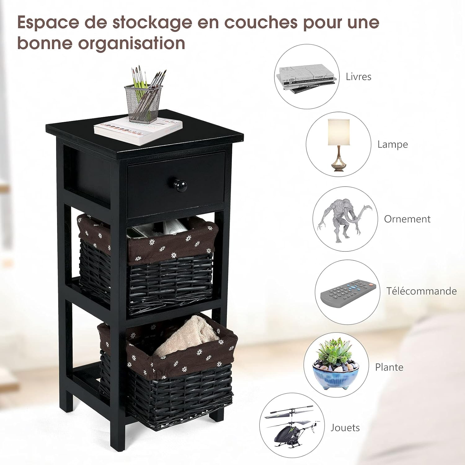 Comodino Camera da Letto in Legno, Tavolino per Divano, Comò Moderno, 28 x 26 x 60 cm (nero x 2) - 3