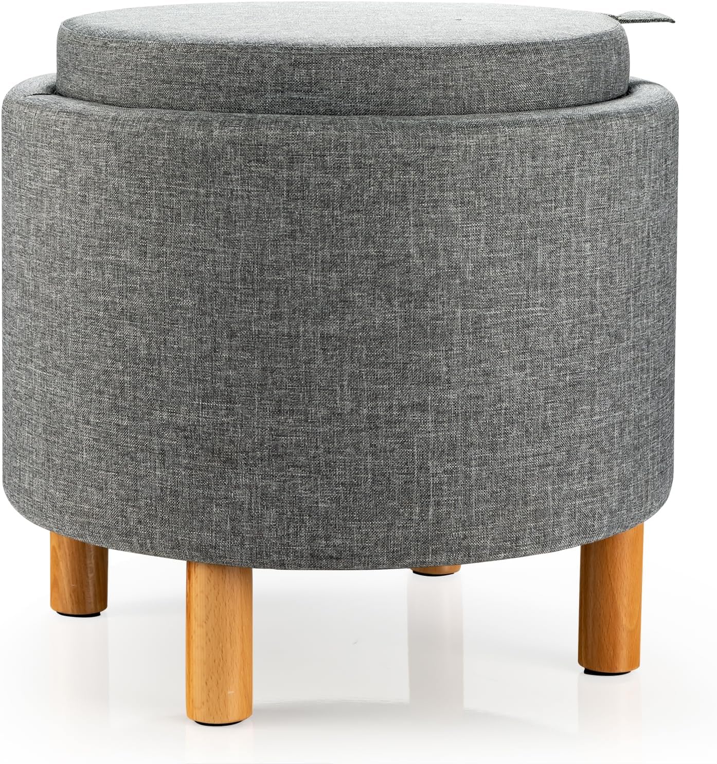 Okrągły Stołek z Schowkiem, Okrągła Pufa z Pokrywą, Antypoślizgowe Drewniane Nóżki, Stolik z Regałami, Podnóżek, 44 x 44 x 42 cm (Szary)