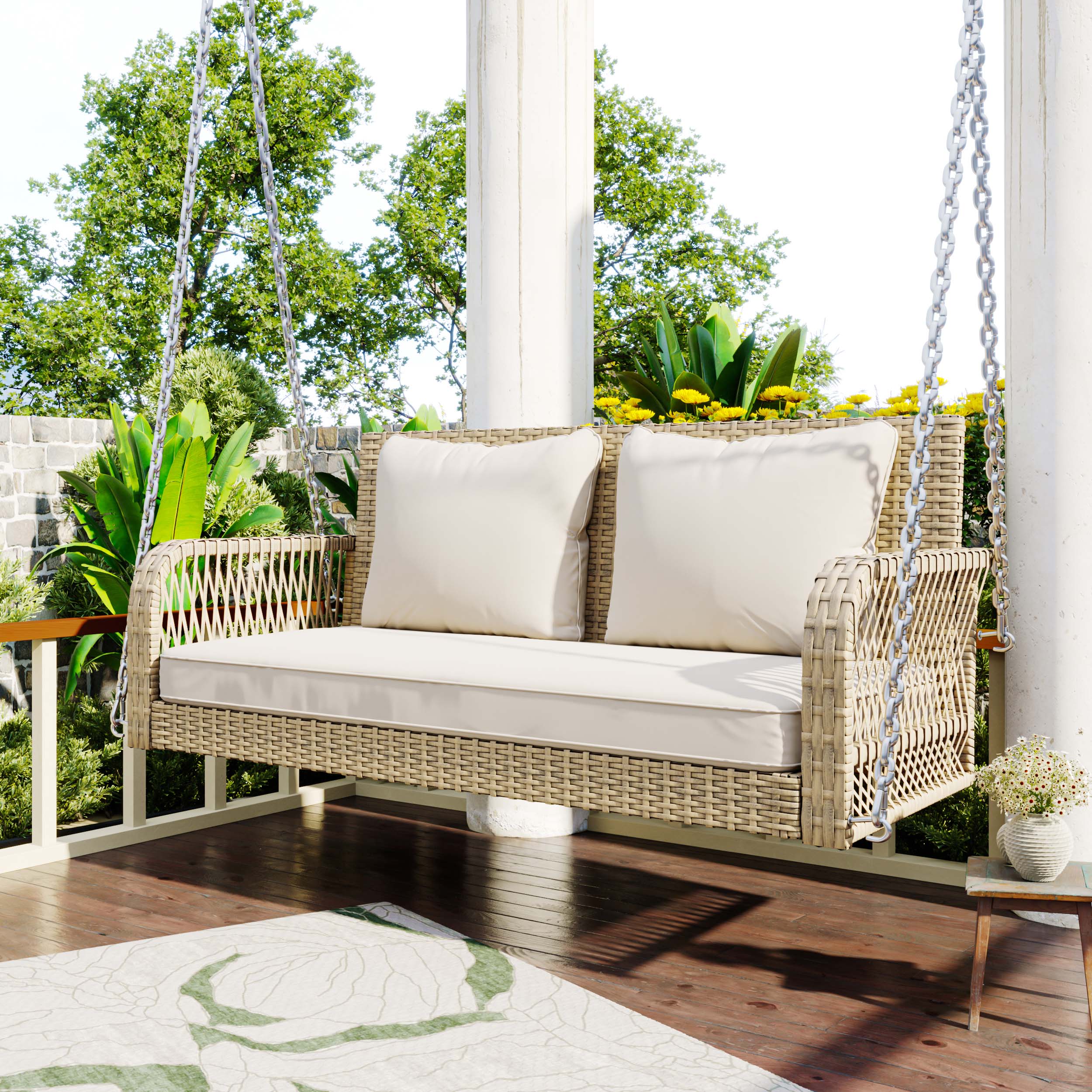 Balancelle de Jardin en Rotin Beige avec Coussins Beige – 2 Places, Élégante et Confortable - 2