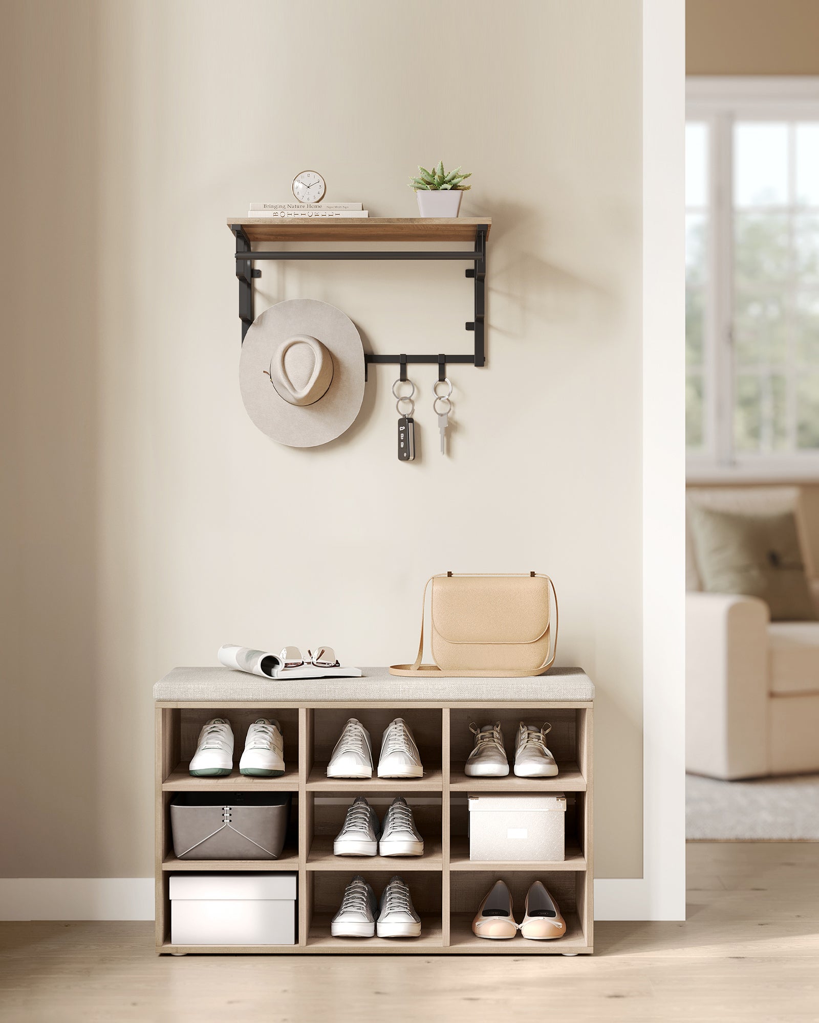 Banc à Chaussures, Assise Rembourrée et 9 Compartiments, Étagère Porte-chaussures, Capacité de Charge 136 kg, Marron Camel - 2