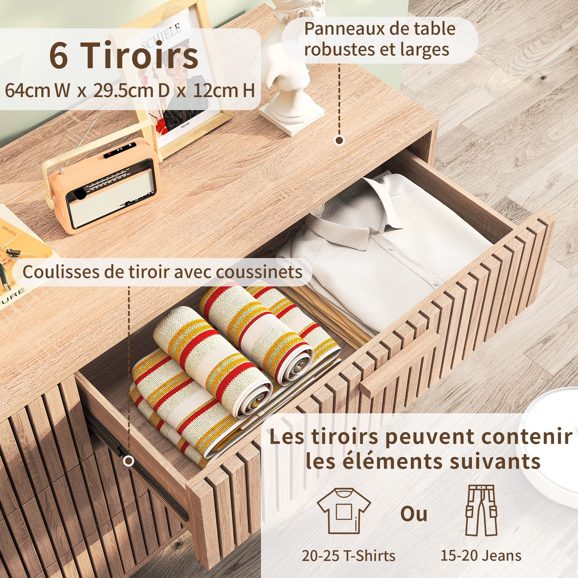 Cassettiera 6 cassetti 115 cm Colore legno naturale, 100 x 34 x 73 cm - 7