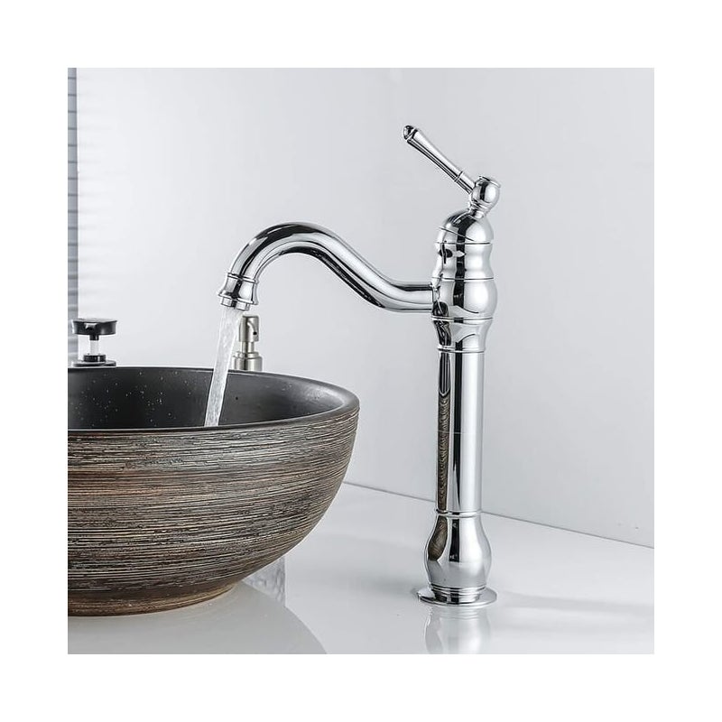 Bateria umywalkowa Retro do łazienki, obrotowa 360°, jednouchwytowa, wysoka wylewka, opcja ciepłej i zimnej wody, chrom