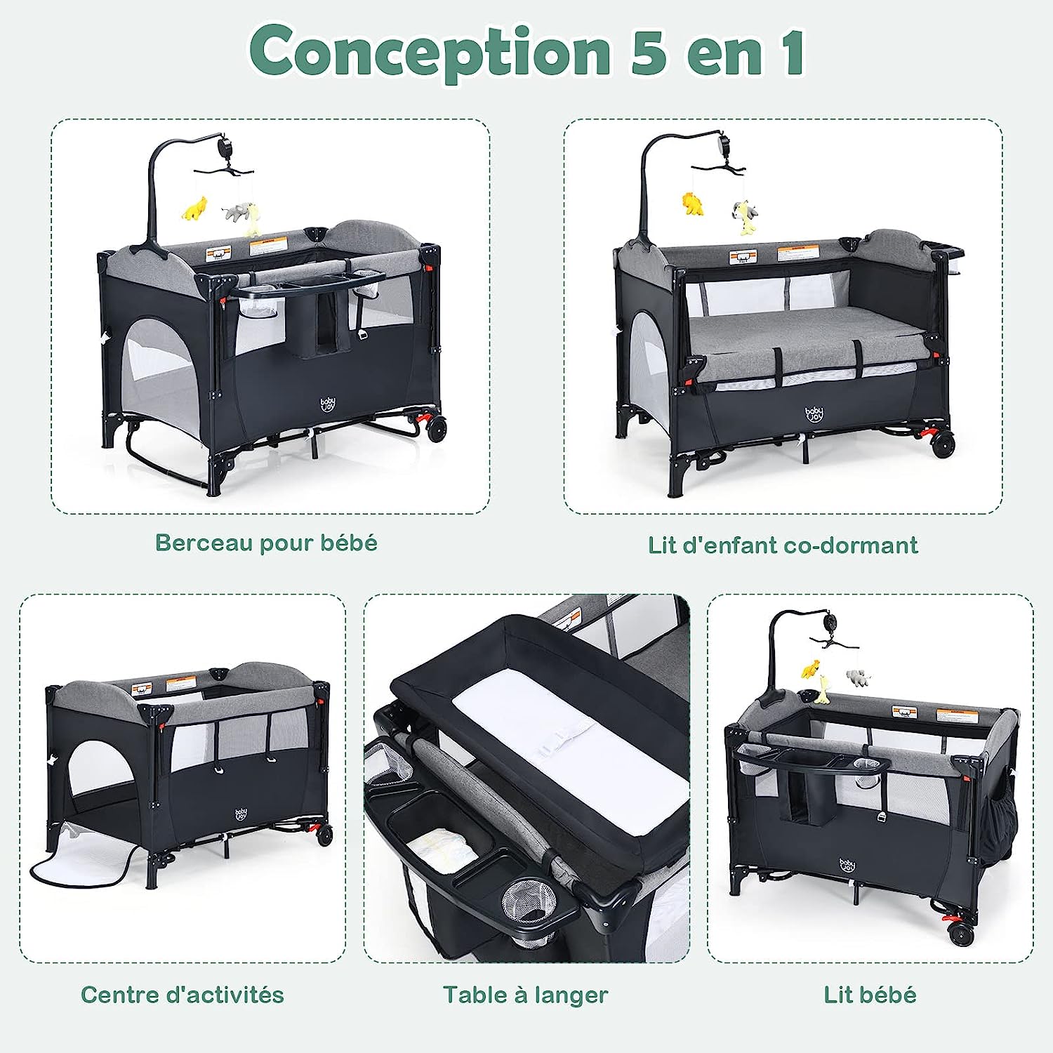 5 in 1 Lettino da Campeggio per Bambini, Lettino con Materasso per Neonato, Culla da Viaggio con Fasciatoio, Altezza Regolabile, Ruote con Fre - 4
