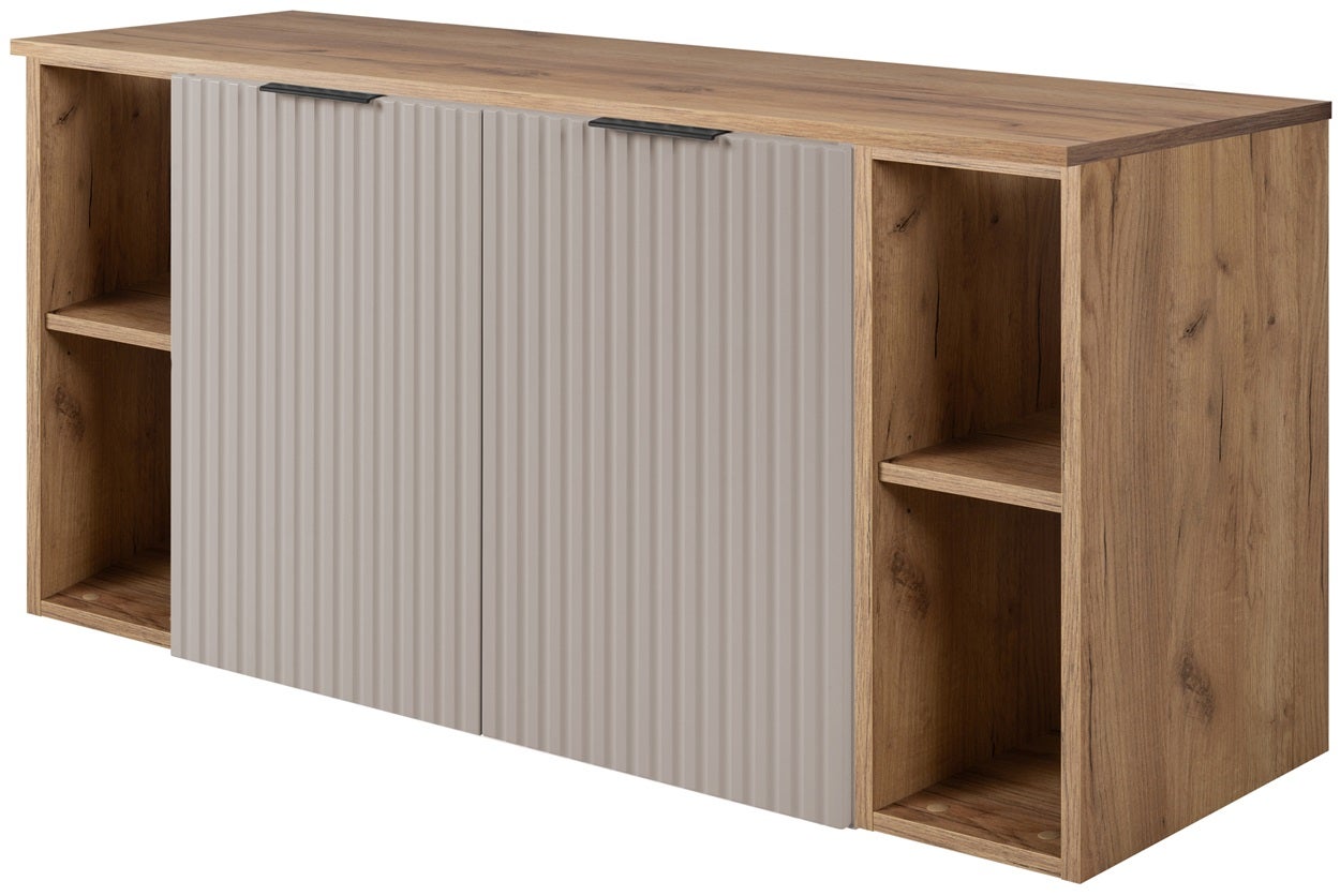 Zestaw łazienkowy FLOW 120 cm kaszmir z blatem dąb craft i regałami