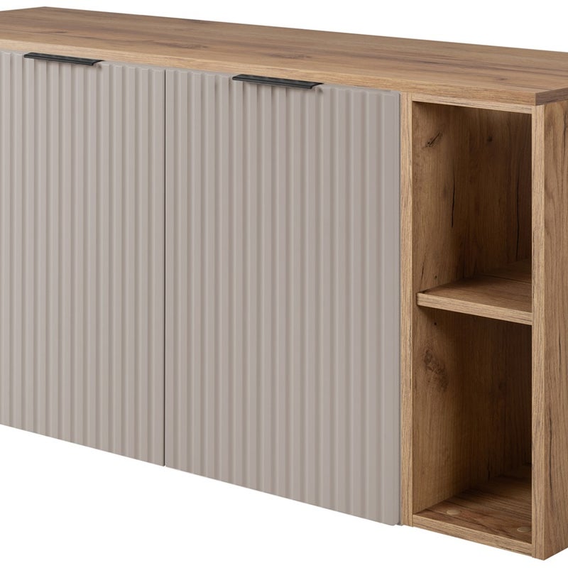 Zestaw łazienkowy FLOW 120 cm kaszmir z blatem dąb craft i regałami