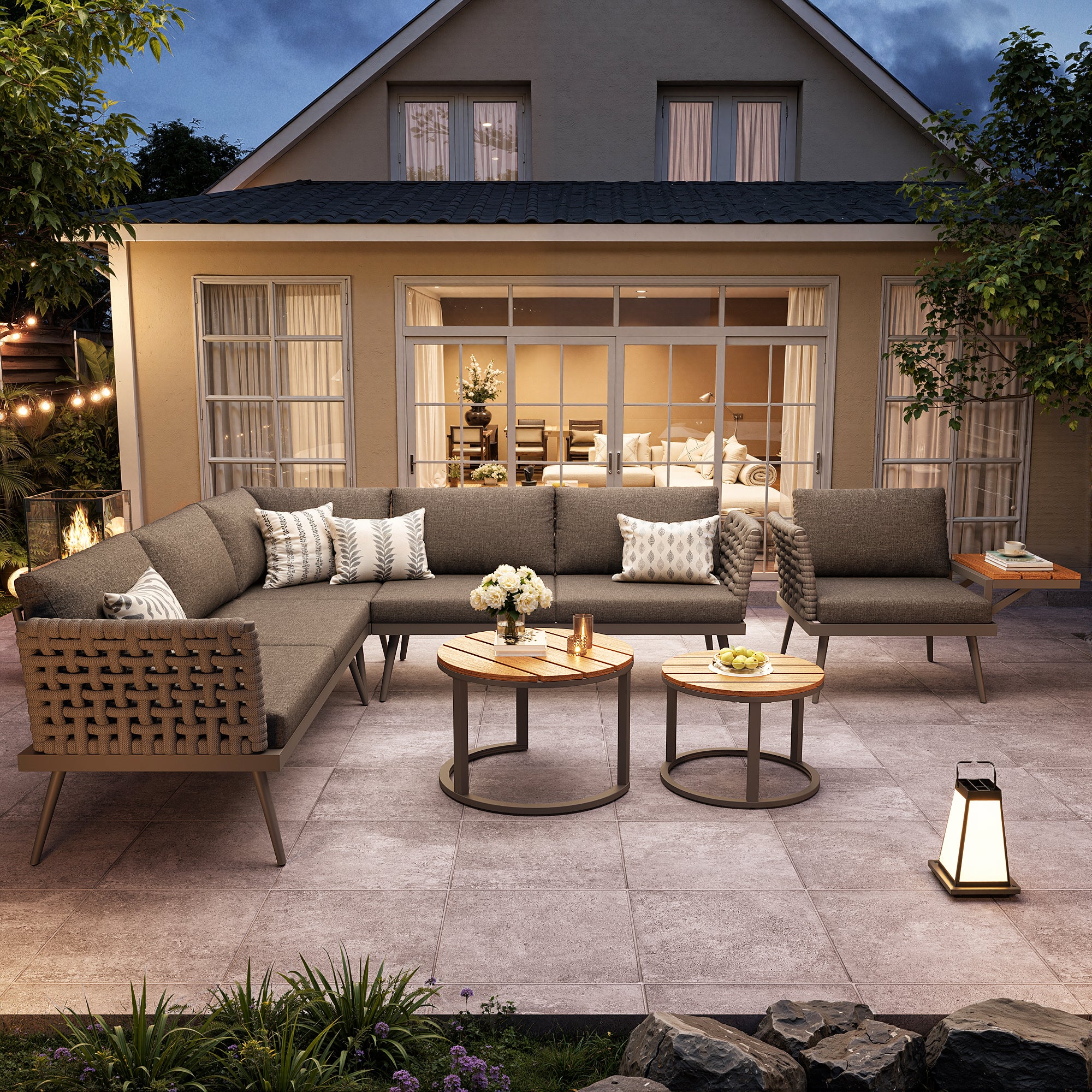 Salon de Jardin Exterieur pour 6 places,avec 2 tables basses en bois,Canapé d'angle extérieur en forme de L,avec coussin,Main courante tressée, Gris - 2