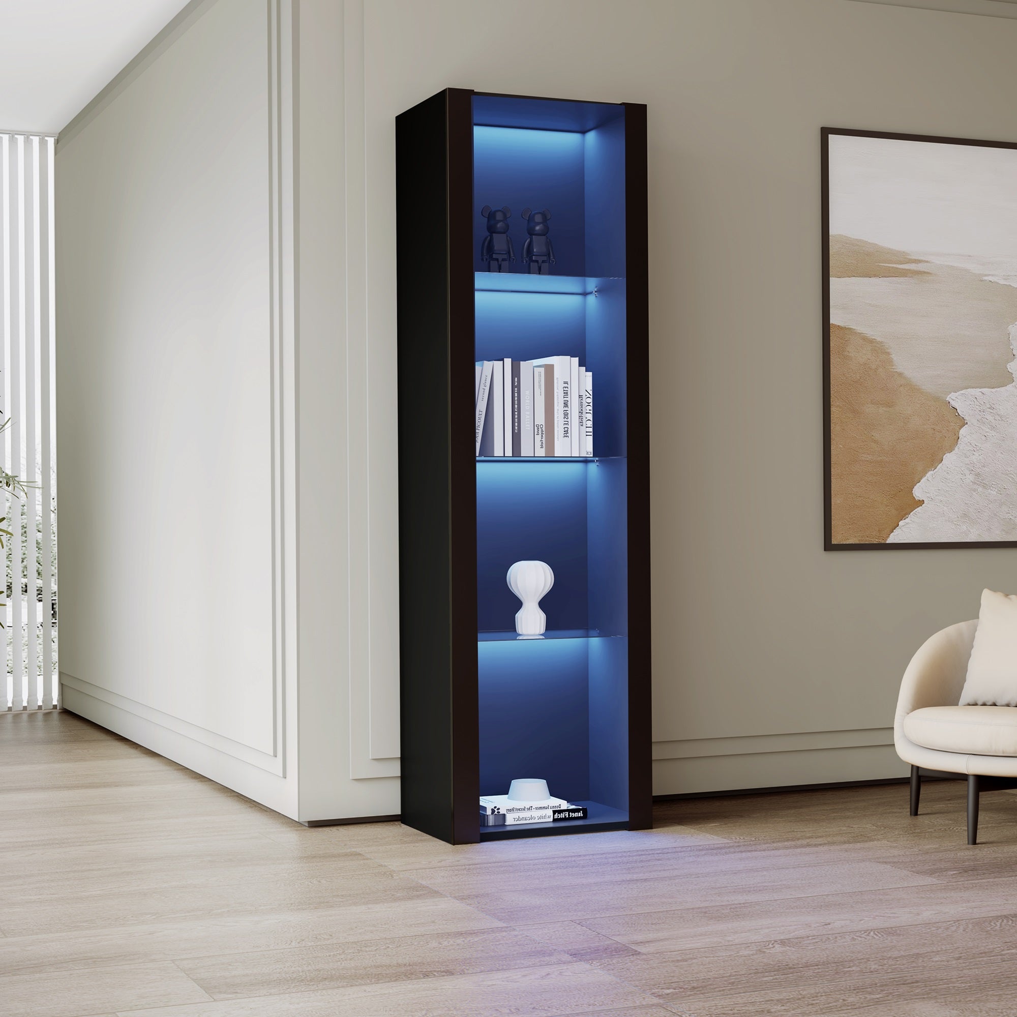 Vitrina L 166 cm con LED - 3 estantes de cristal - Negro - 9