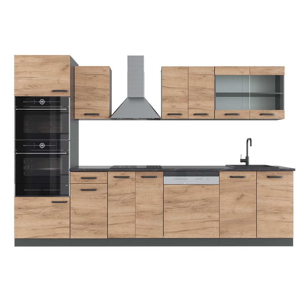 Vicco Aneks kuchenny R-Line, Złoty dąb power/antracyt, 300 cm z wysoką szafką, bez blatu