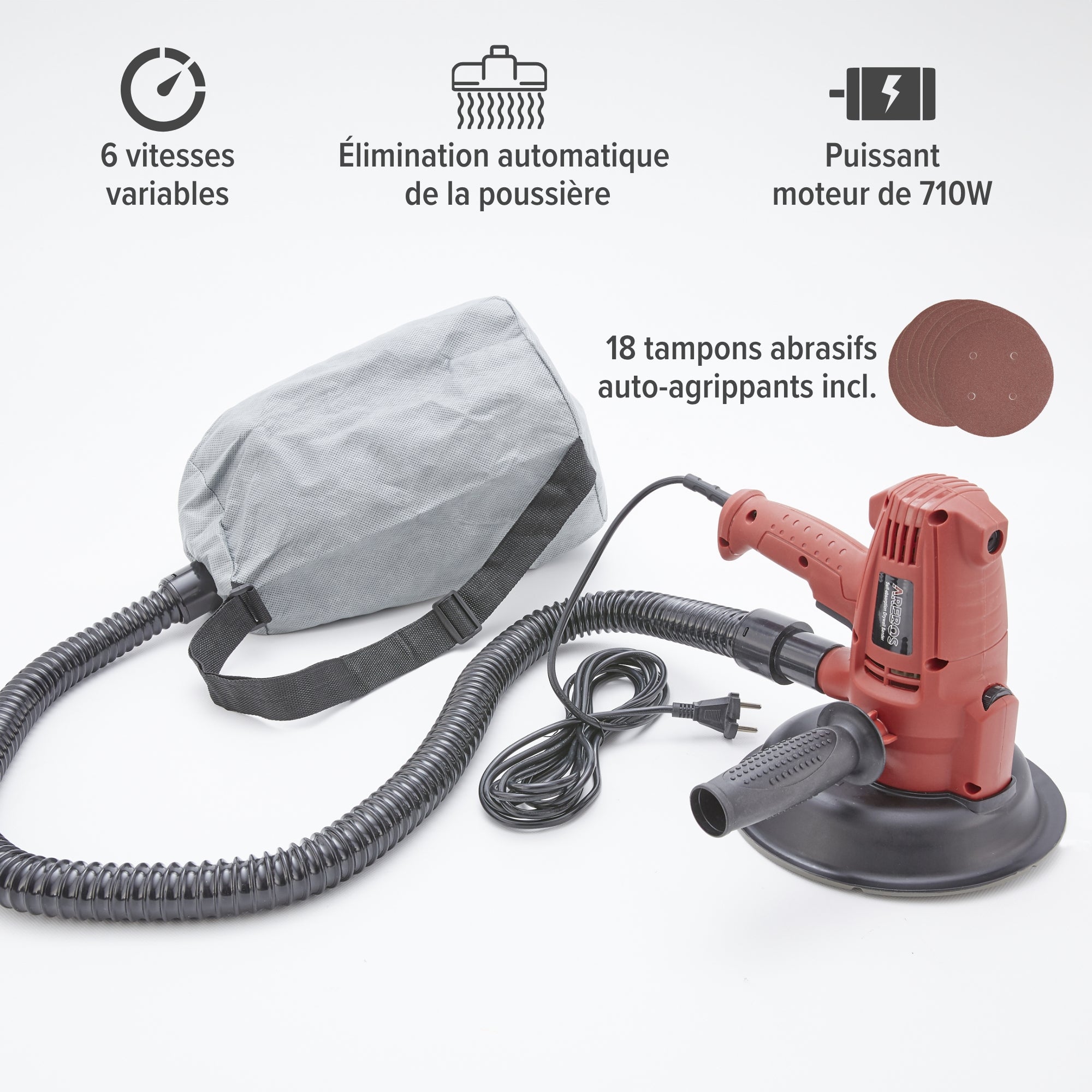 AREBOS Ponceuse de plafond 710W avec aspiration et 18x papier abrasif | 6 vitesses | 1.500-3.000 t/mn - 3