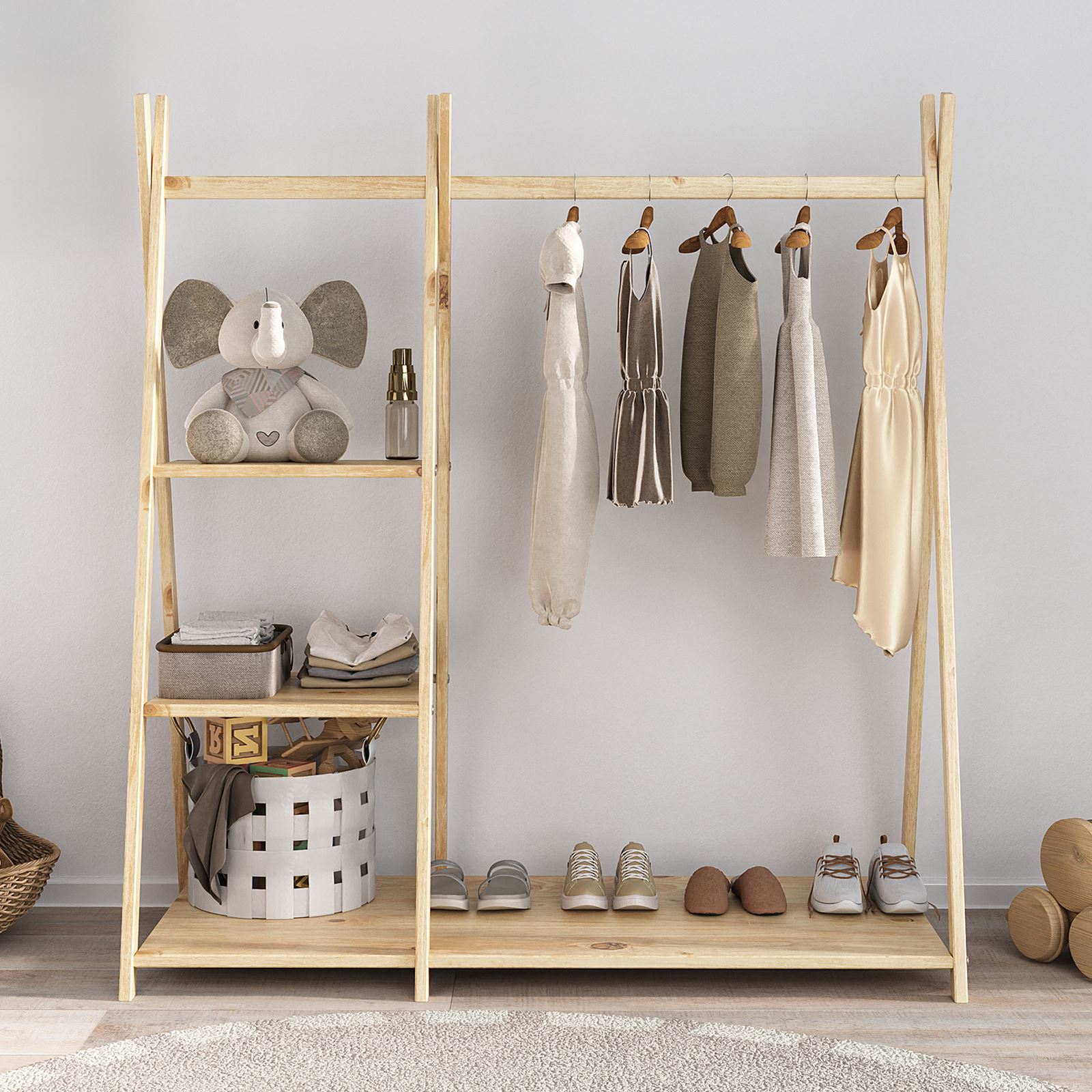 Penderie enfant LOTTE avec 3 étagères, en bois massif - Coloris naturel - 2