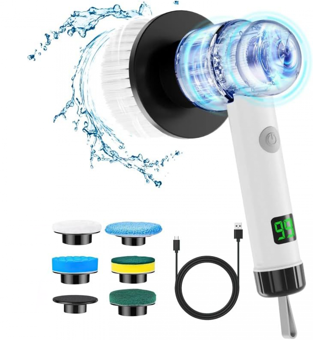 Perie electrică de curățare cu 6 capete interschimbabile/afișaj LED - 2 moduri, pentru baie/bucătărie, rezistentă la apă IPX7