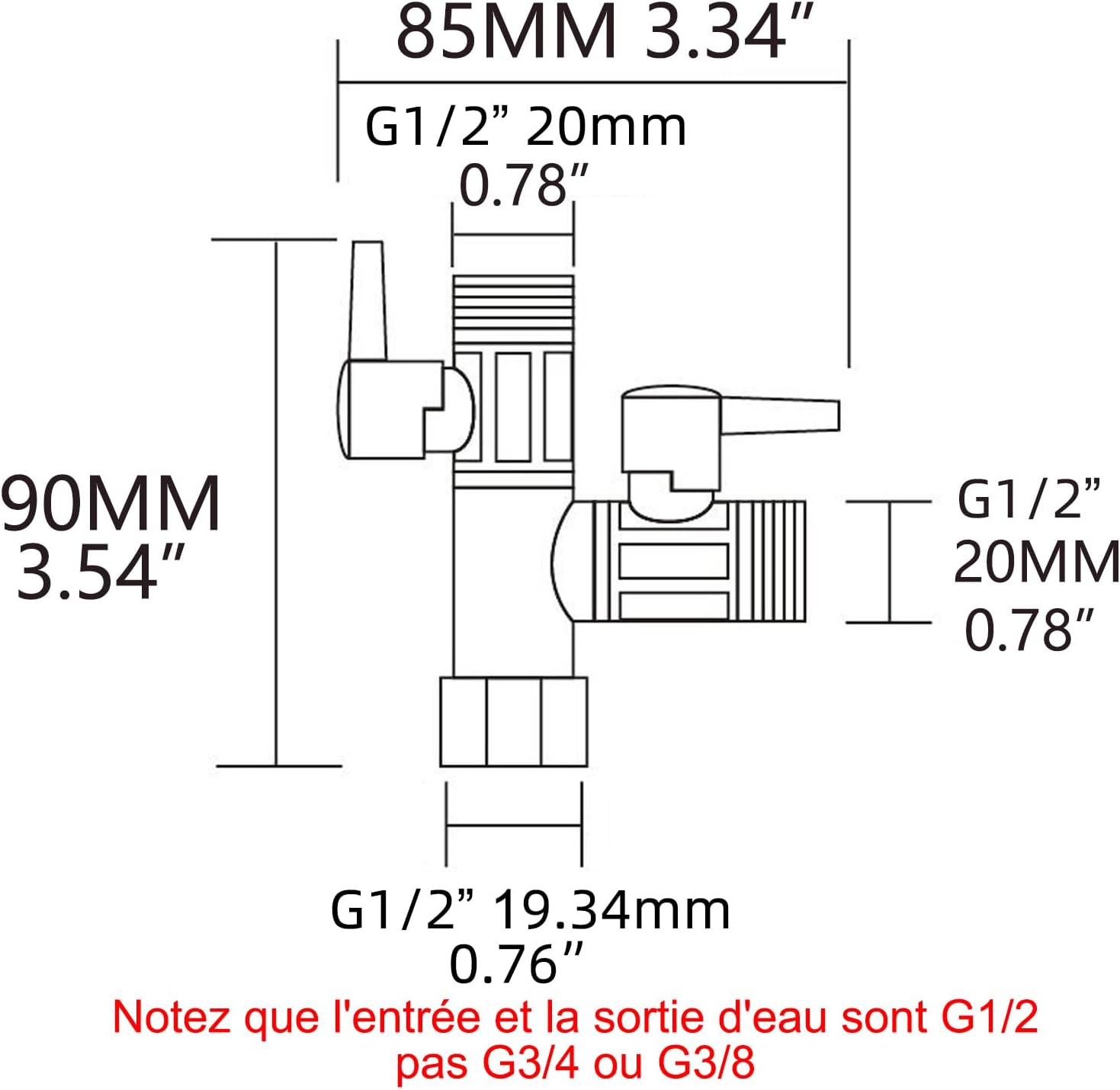 Vanne 3 Voie Raccord T 1/2 Douchette et Douche de Tête Bras de Douche Inverseur 3 Voies en Laiton Adaptateur Robinet Éteindre, DSF009 - 5