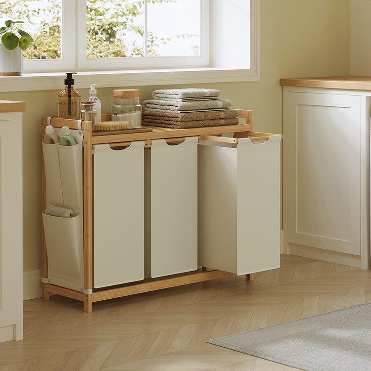 Cesto Portabiancheria 3 Scomparti In Plastica – Multistrato Pieghevole Con Ruote – Bianco 43x33x109 Cm
