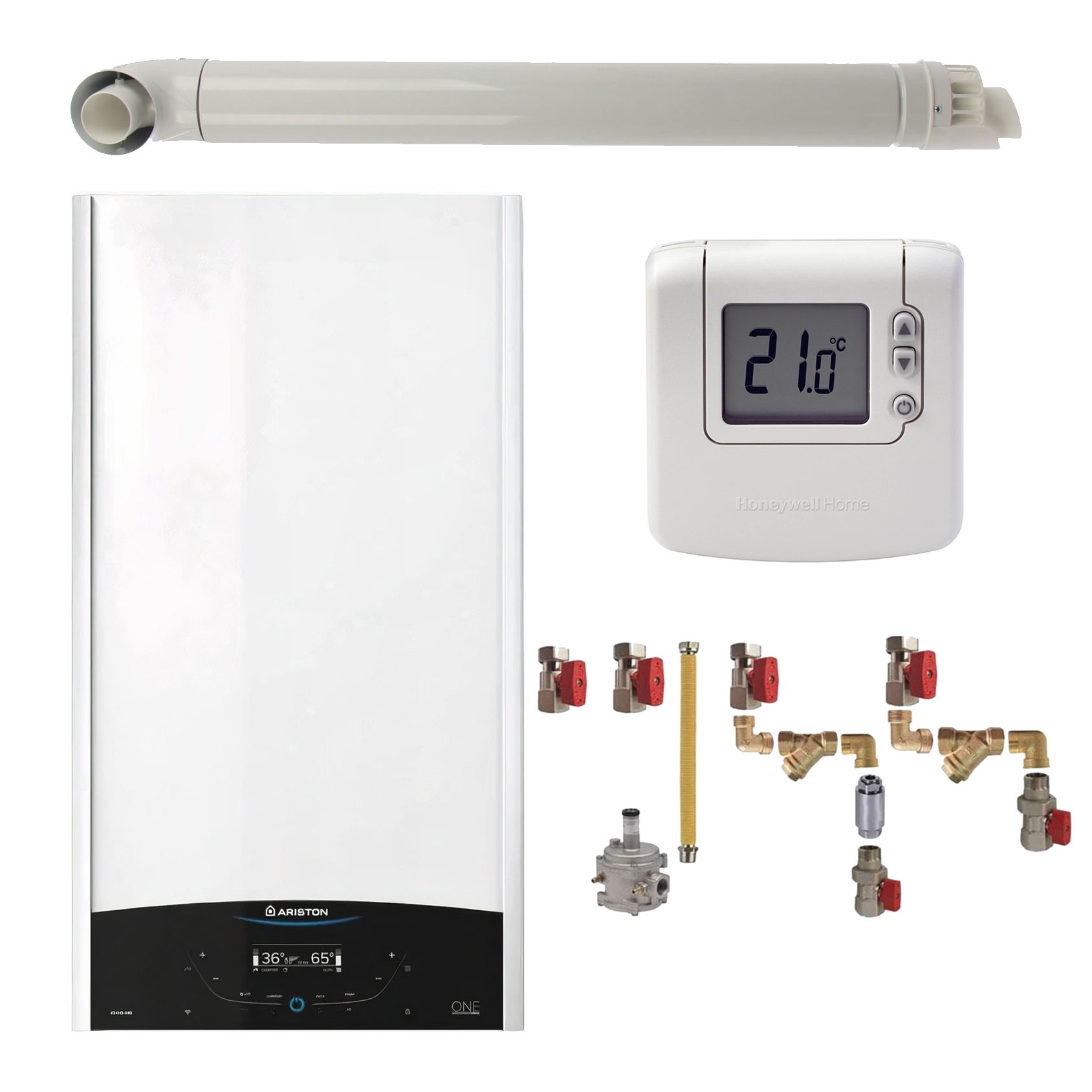 Pachet centrala termica Ariston GENUS ONE+ WI-FI 24 kW, kit montaj complet RTM, termostat Honeywell DT92 si kit evacuare RTM incluse