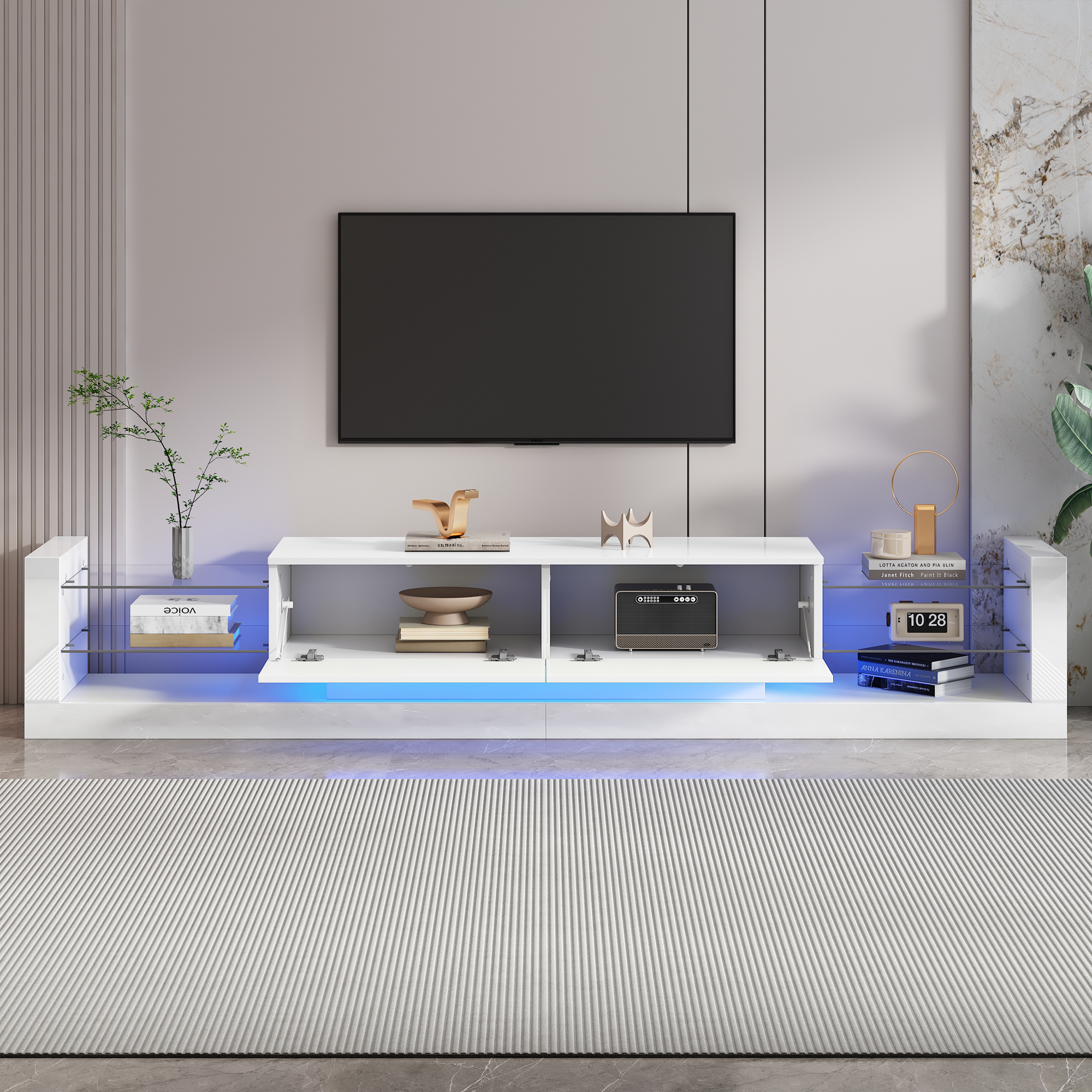 Szafka RTV z 2 składanymi szufladami - 181 x 38 x 38 cm - Diody LED - Płyta wiórowa - Błyszcząca biel