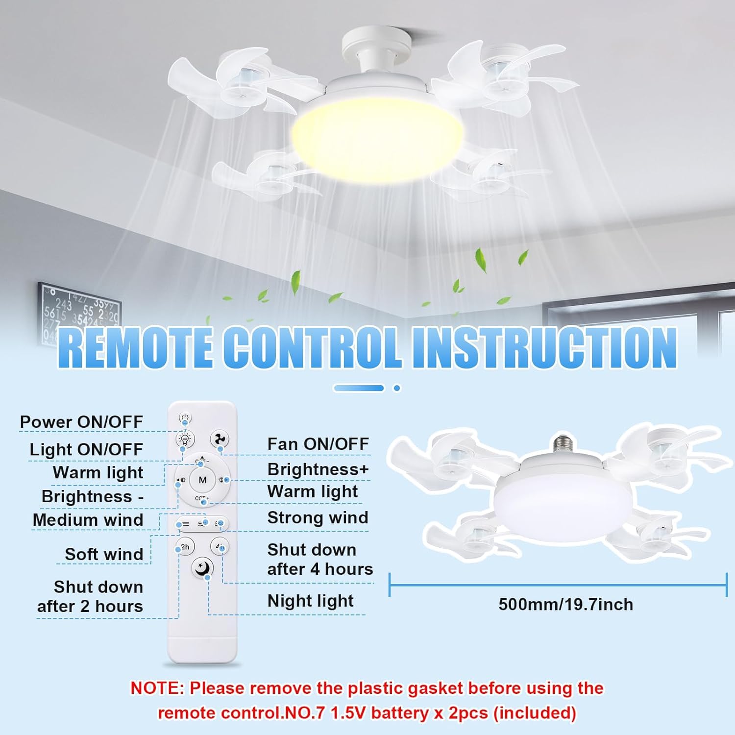 Ventilateur de plafond à douille de 50 cm avec télécommande, variateur d'intensité, 3&nbsp;000 K-6&nbsp;000 K, 3 vitesses, 2&nbsp;000 lm,pour chambre, cuisine, salon - 4