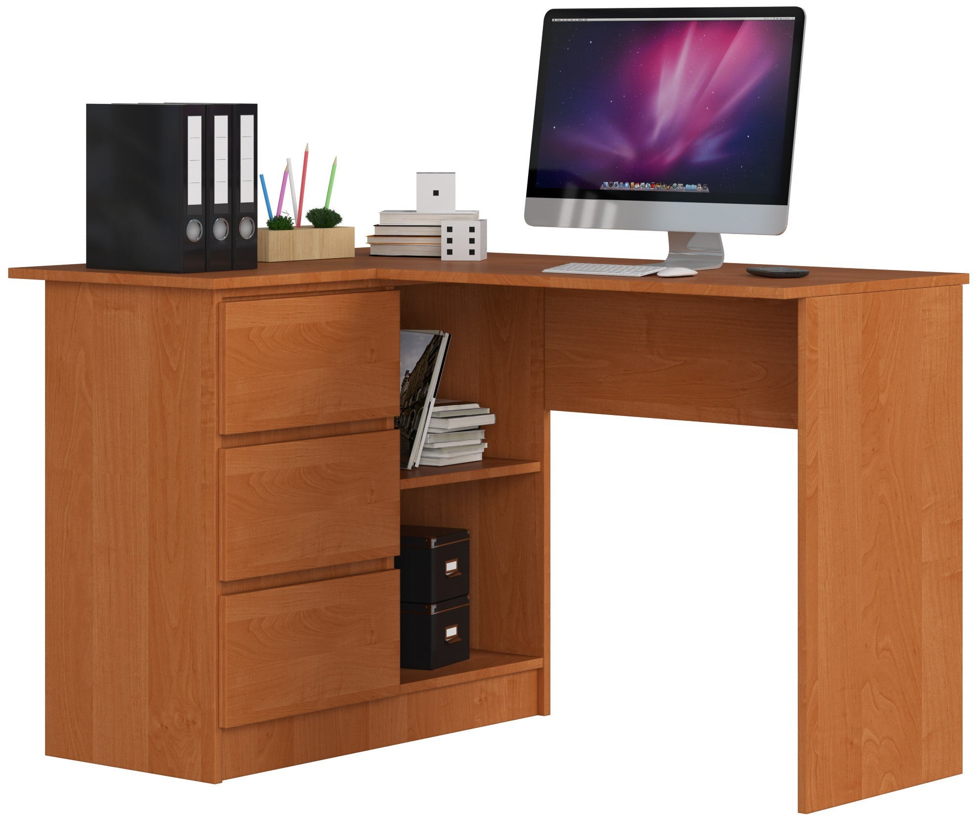Biurko narożne AKORD B16 Olcha 124 cm lewe 3 szuflady kolor Olcha mat 2 półki 124x85x77 cm
