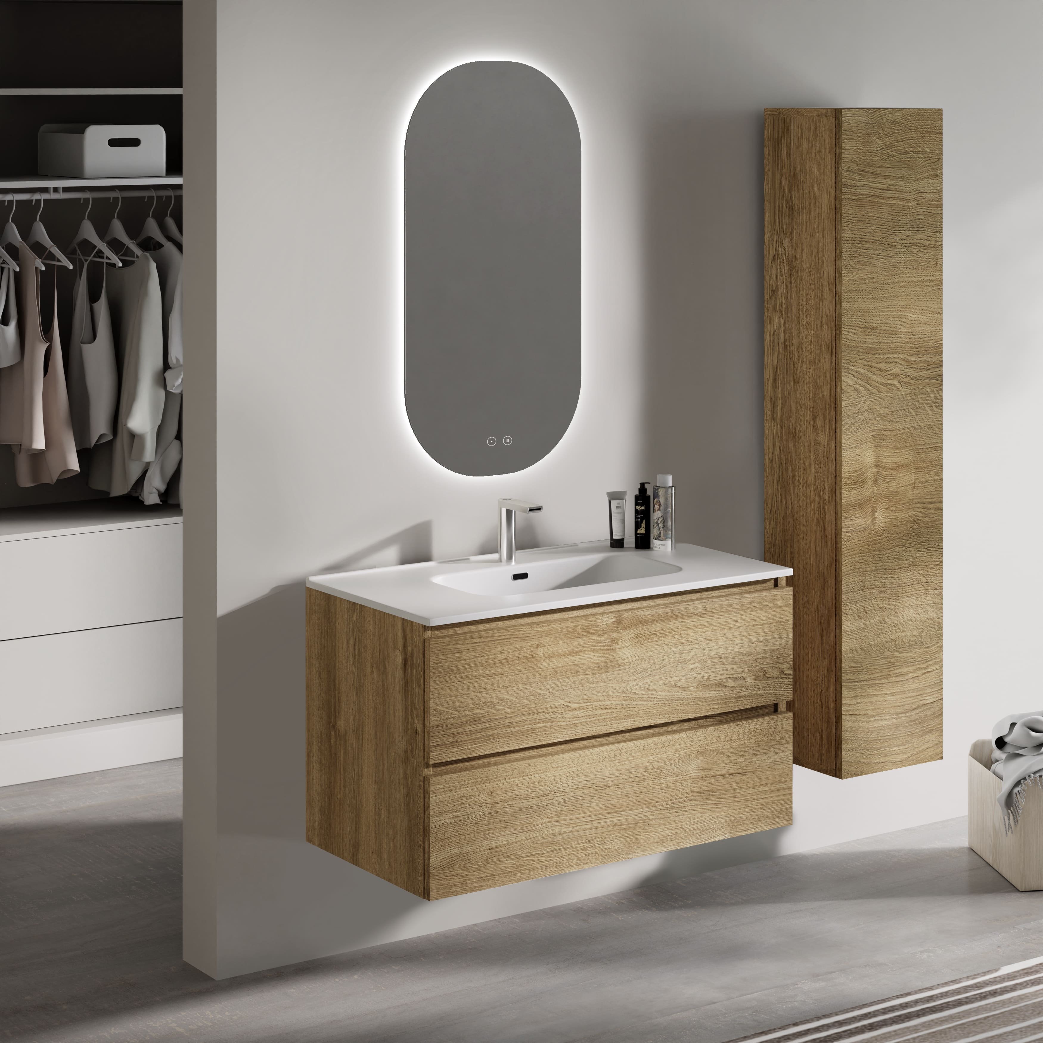 Feel Your Bath, Meuble De Salle De Bain PANTER Marron 80 cm, 2 Tiroirs, Vasque Céramique Intégrée Et Miroir Ovale LED Antibuée - 2