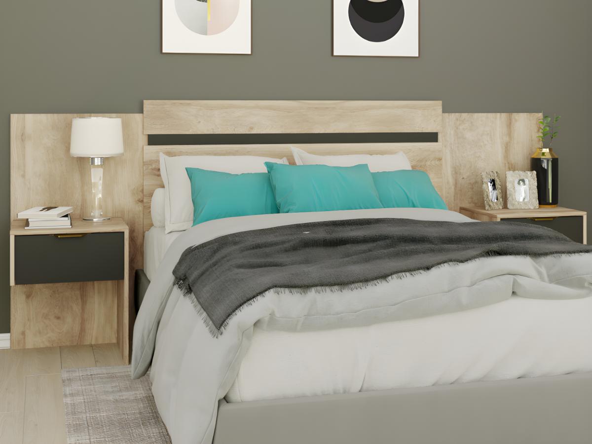 Cabeceira de cama extensível com mesas de cabeceira 140/160 cm cor natural e preto - PARATI - 6