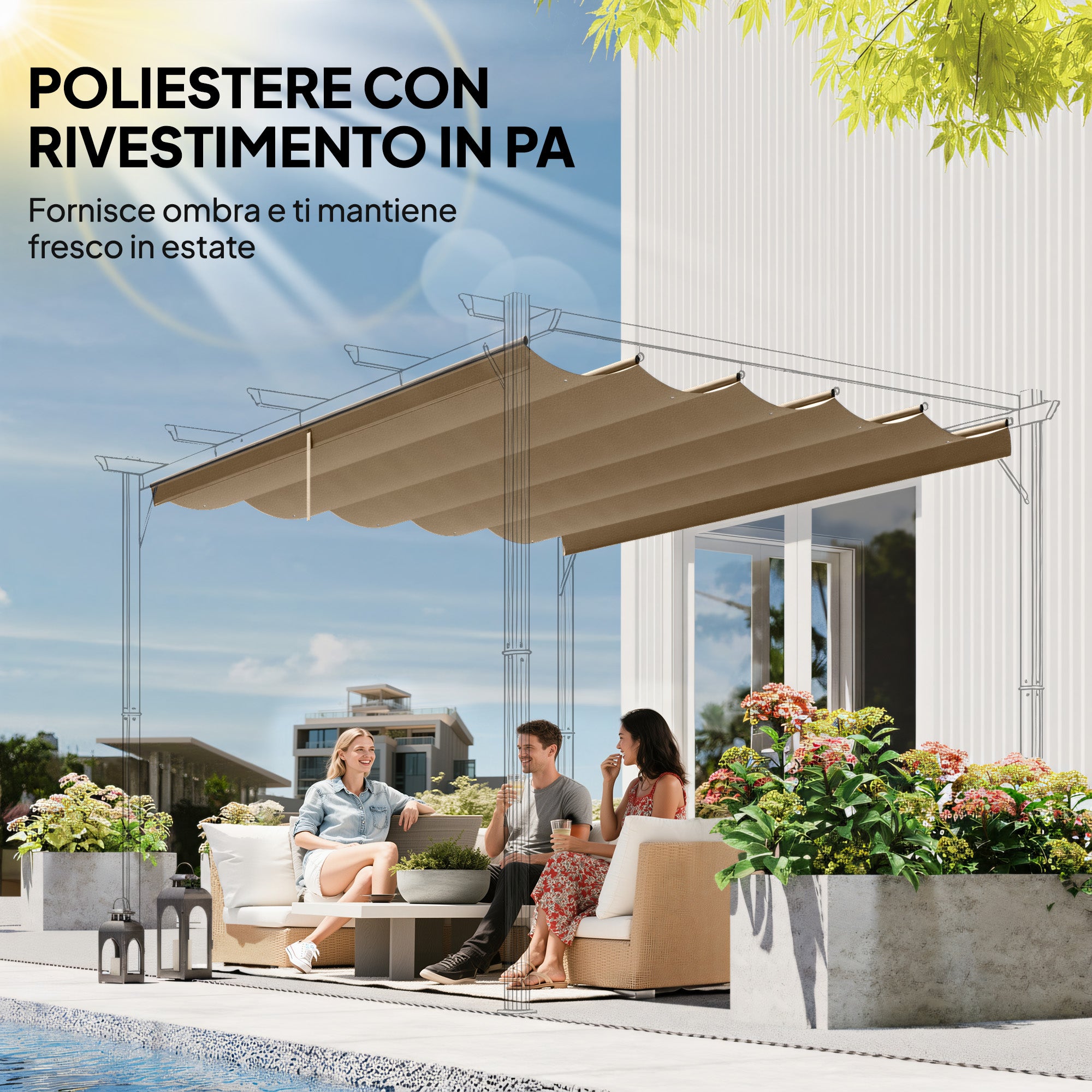 Techo de pérgola con 10 orificios de drenaje, poliéster 250x255 cm para 3x3 m, marrón claro - 7