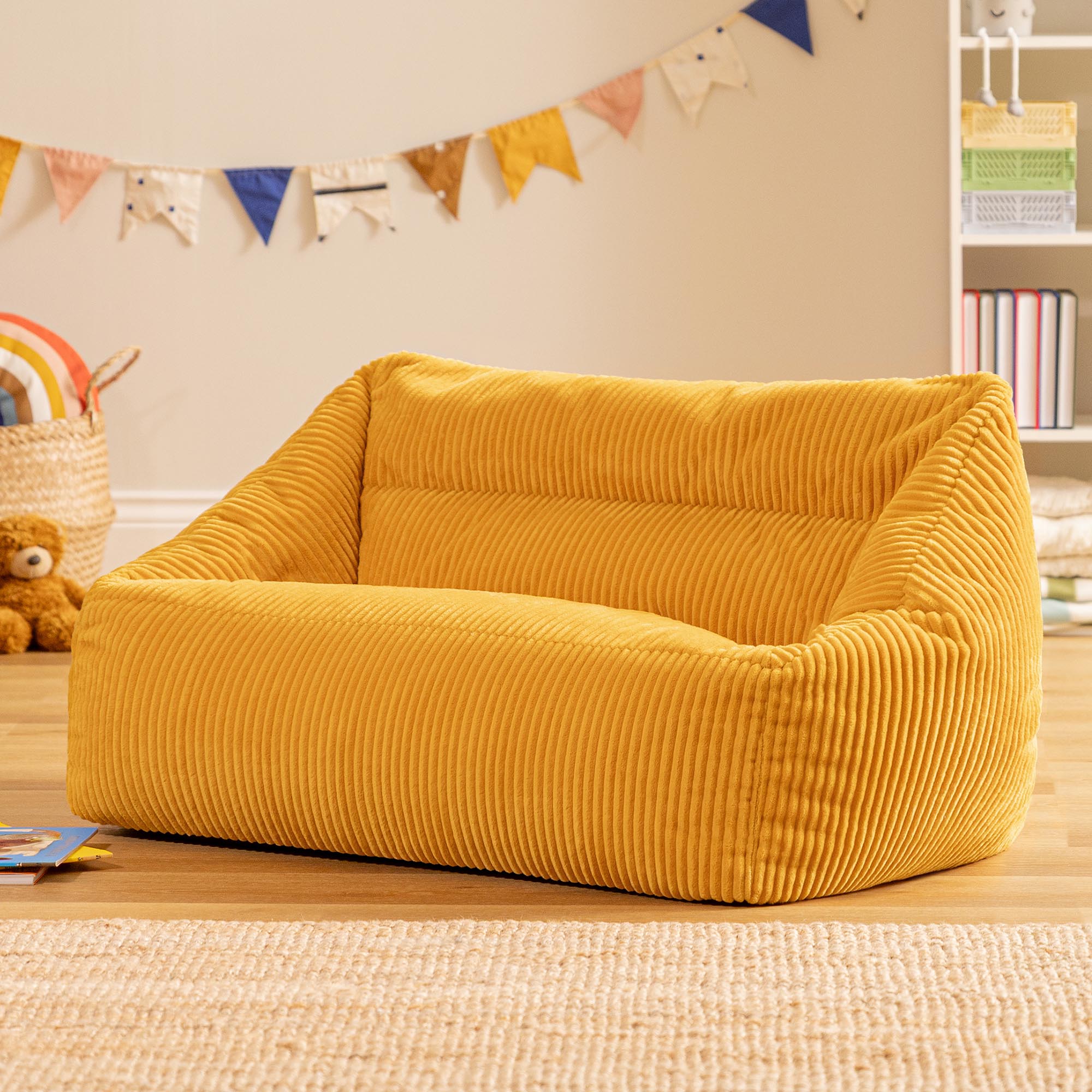 Pouf canapé enfant Icon velours côtelé Oeko-Tex® jaune ocre, chambre, salon, 55x95cm - 2