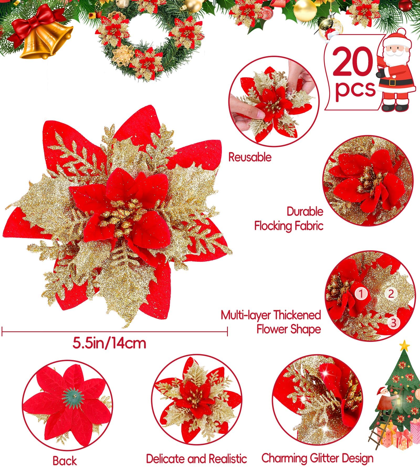 20 peças decorações de natal, flores artificiais de natal com clipes, guirlanda de árvore de natal brilhante, pingentes de flores artificiais - 4