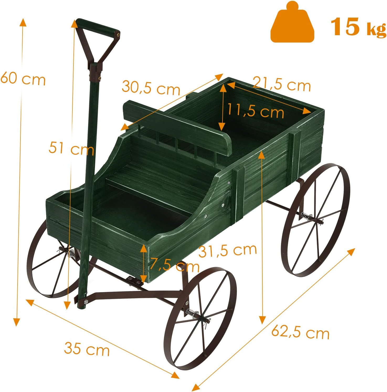 Jardinière Forme Brouette Chariot Décoratif en Bois avec Bac de Plantation pour Jardinières,Jusqu’à 15kg 35×62,5×60cm (Vert) - 3