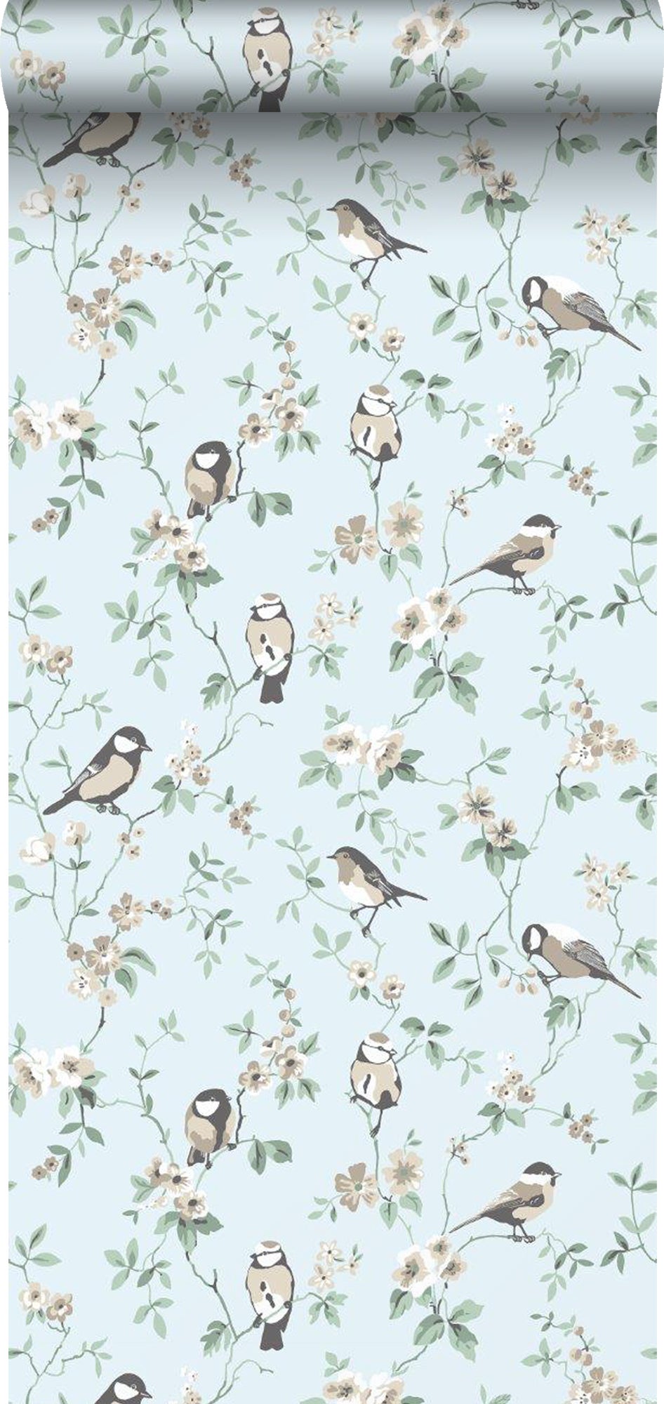 Papel pintado flores y pájaros azul agrisado - 53 cm x 10.05 m - borastapeter