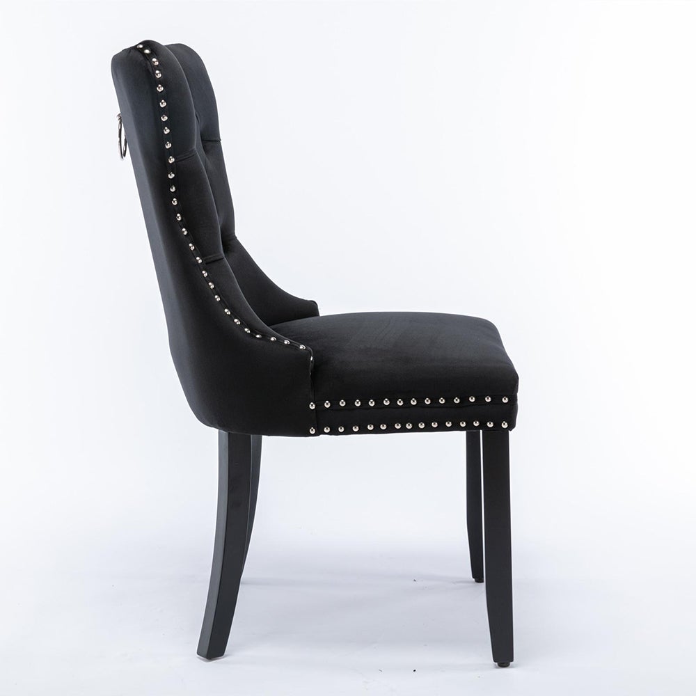 Ensemble de chaises de salle à manger, avec pieds en bois et garniture à clous, revêtement en velours, structure en bois massif,noir - 7
