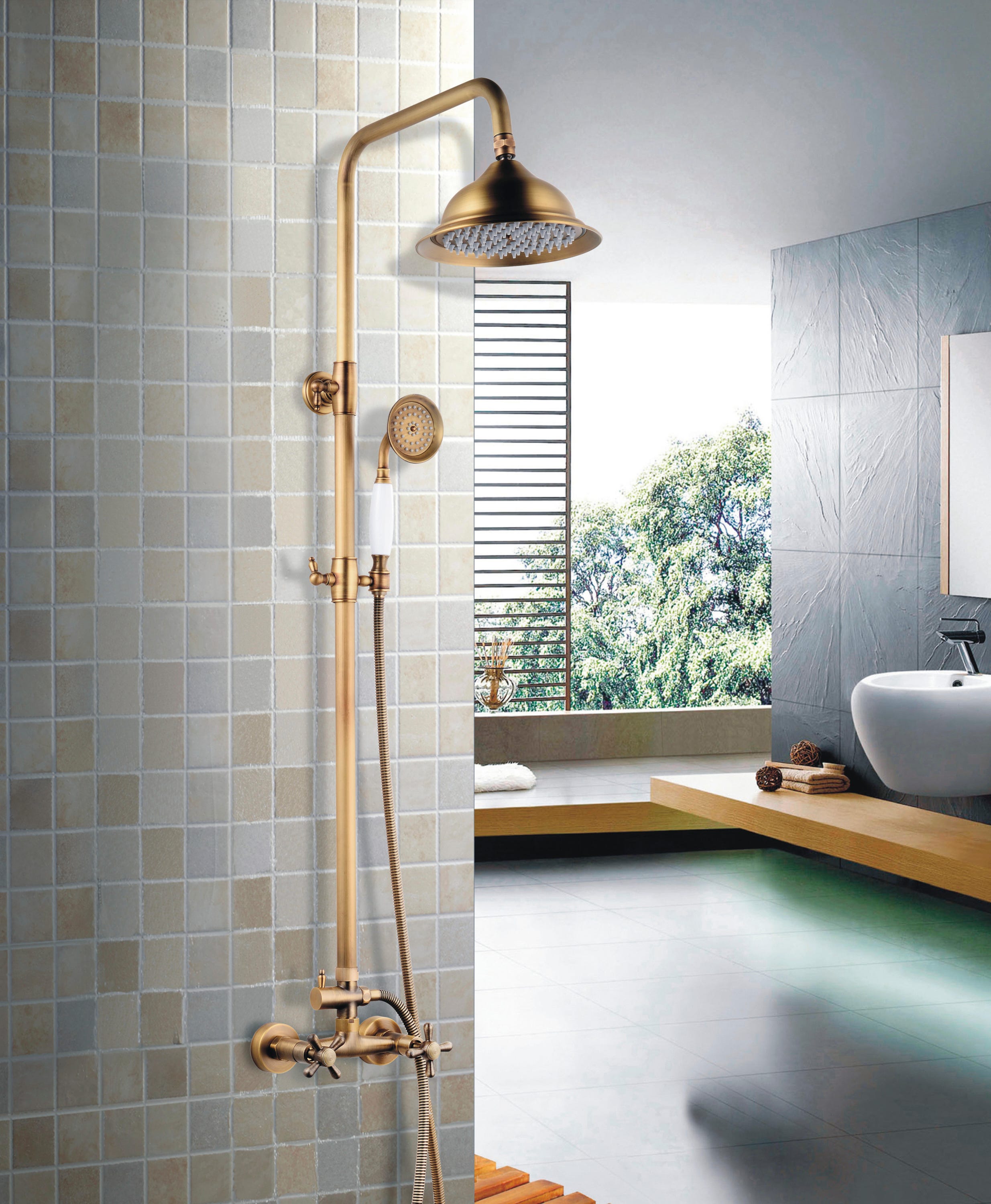 Colonne de douche avec robinetterie, EDOUARD ROUSSEAU Retro vieux bronze - 9