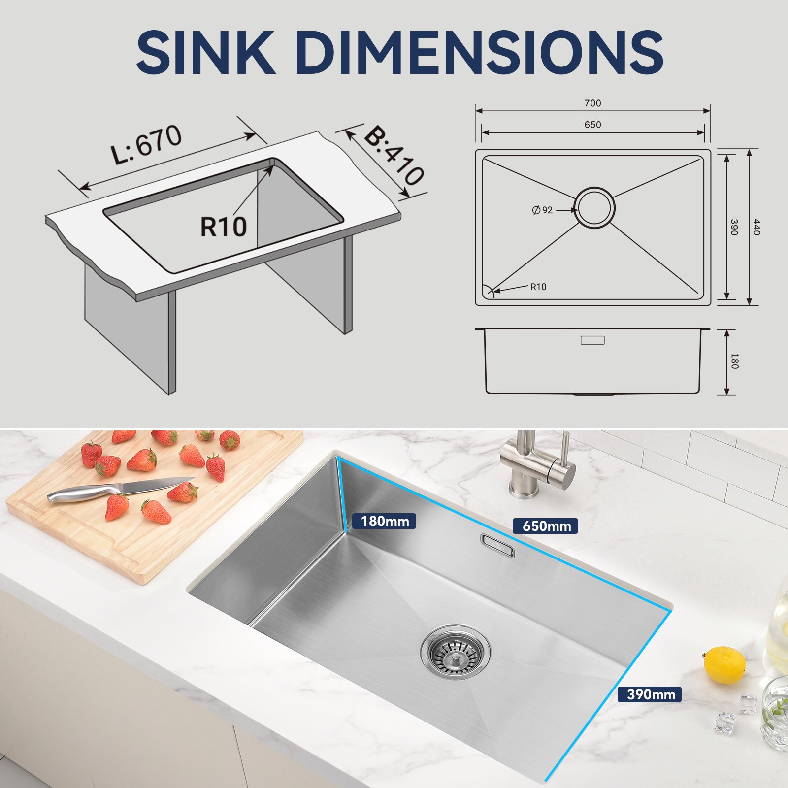 AuraLum Max Évier Cuisine 1 Bac 70*44*19CM Évier Montage à Encastrer,à Fleur/Sous-Plan Acier Inox 304 Évier Brossé avec Siphon/Trop-Plein,EU Modèle - 4