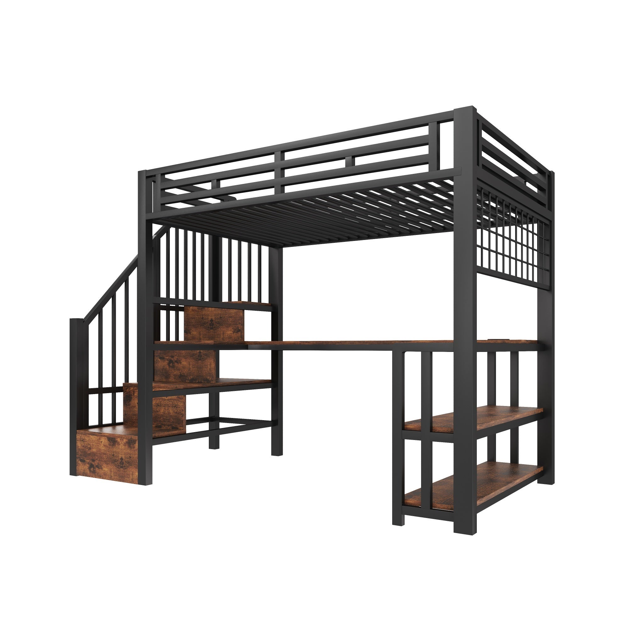 Lit mezzanine en fer 90x200 cm avec bureau, éclairage led et 2 usb + type-c, lit superposé avec étagères et treppe rangement, noir (sans matelas) - 5