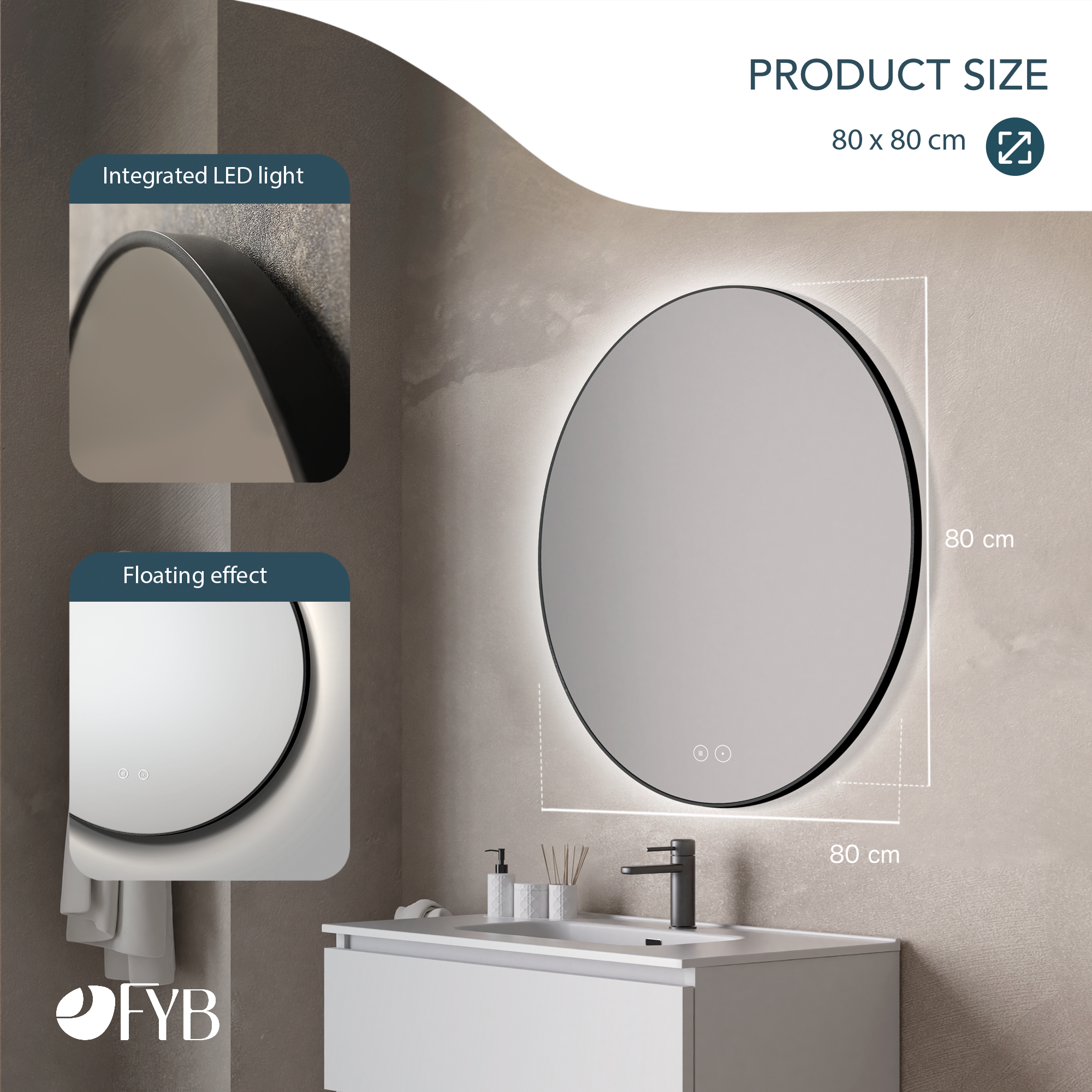 Feel Your Bath, Miroir Rond LED Réglable 80 cm, avec Interrupteur Tactile, Antibuée - Rétroéclairé Noir. - 5