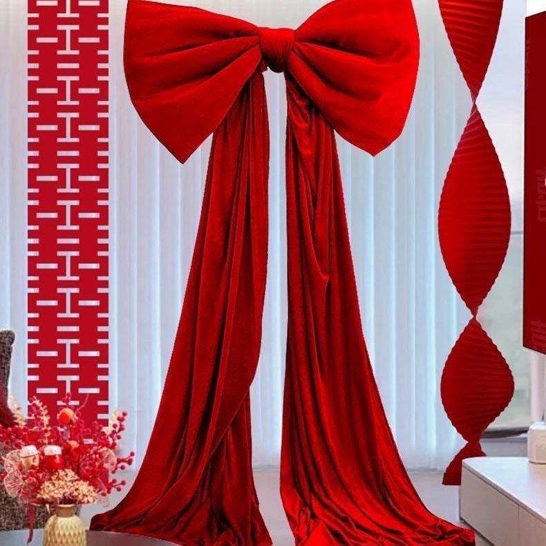 Grande fiocco decorativo rosso, fiocco di velluto, decorazione per albero di Natale, adatto per matrimoni e feste, 80 x 60 cm (con coda di 4 metri) - 6