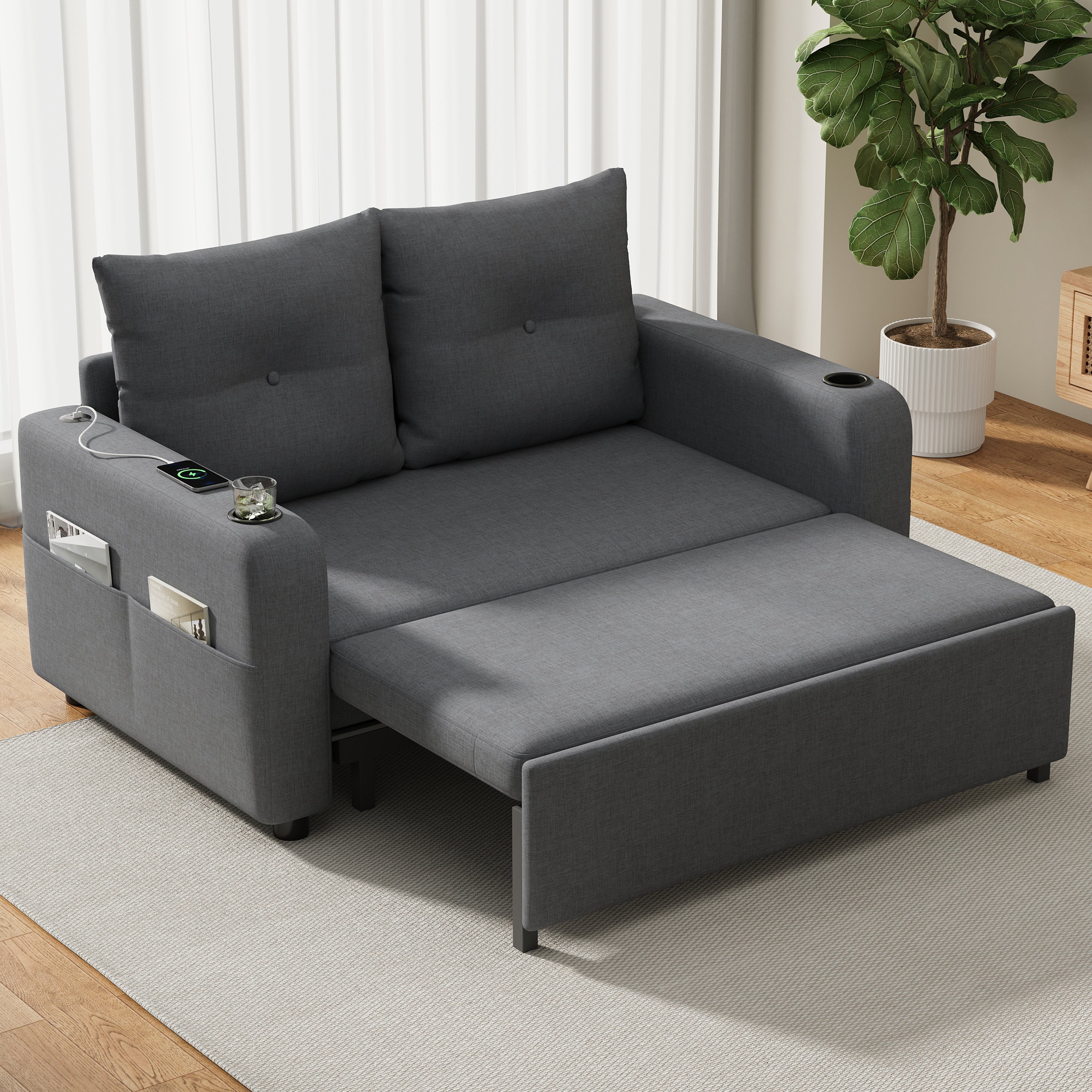 Sofa 2-osobowa z funkcją spania, uchwytem na kubek, portem USB i kieszeniami bocznymi - 131 x 81 x 94 cm - Tapicerka bawełniano-lniana - Szara - 4