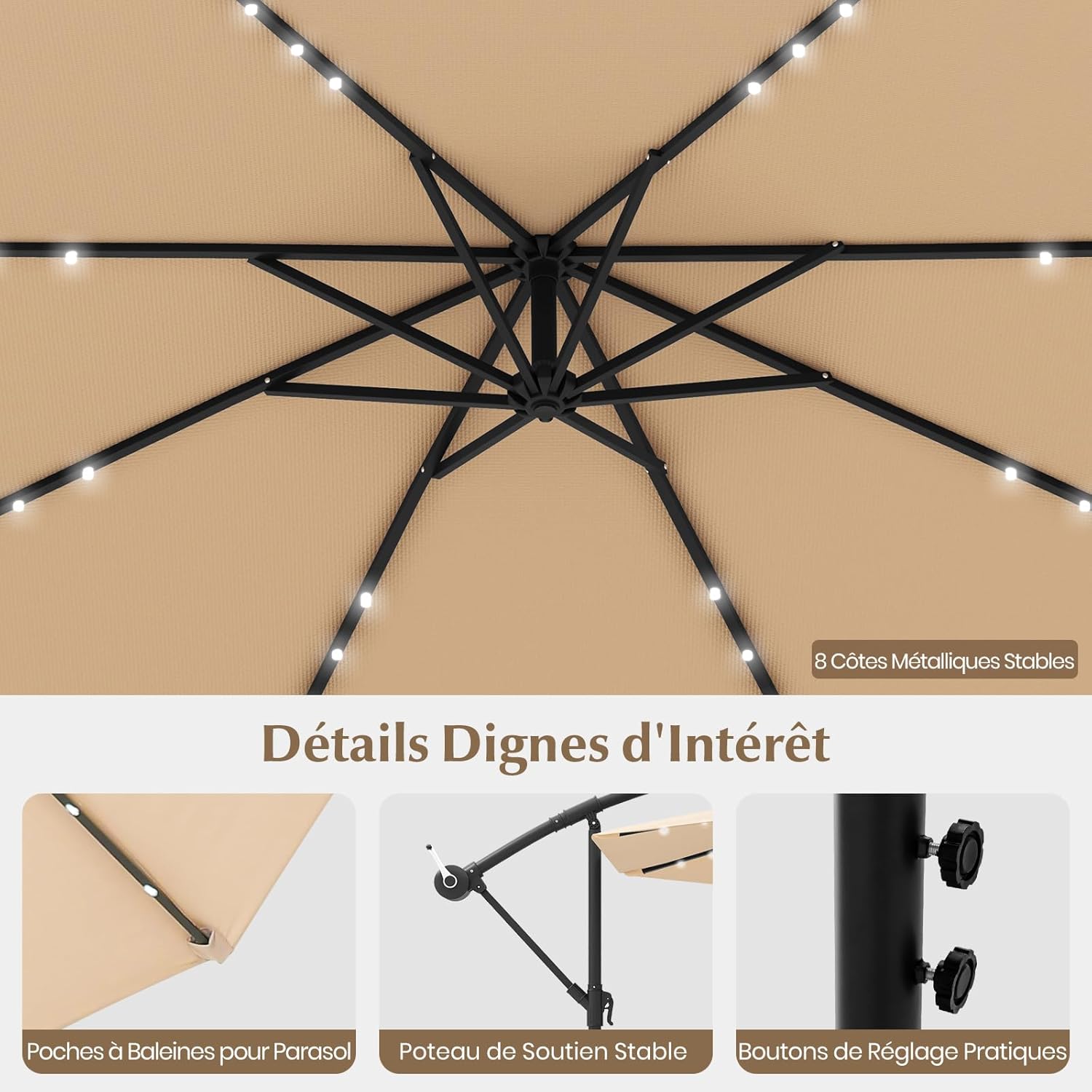 Parasol Déporté Ø300CM Parasol de Jardin Extérieur Inclinable 40 LED Solaires 8 Baleines, Grand Parasol avec Pied pour Terrasse Plage Cour (Beige) - 7