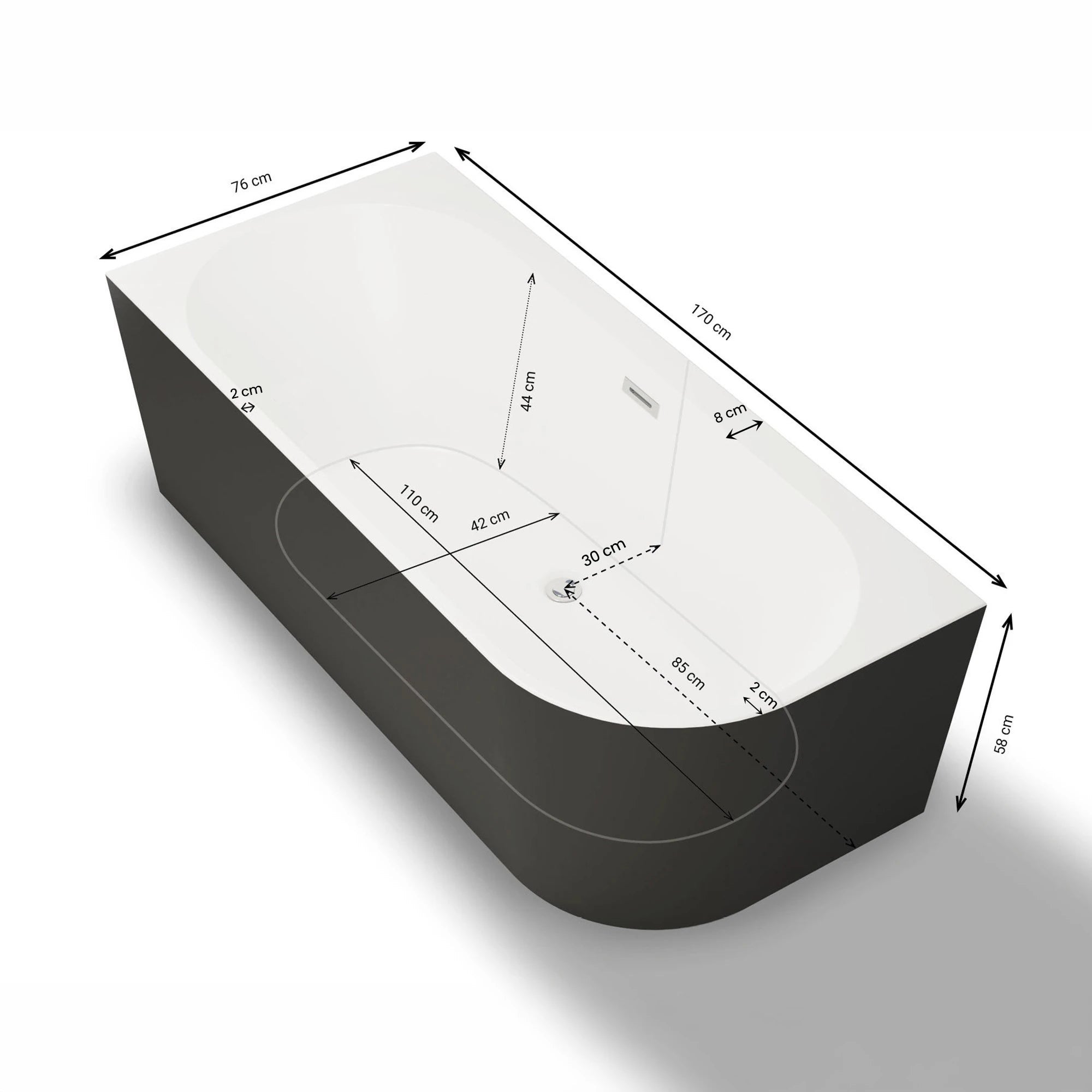 Baignoire Ilot Capri 170 gauche noire 170 x76 x58 cm, by SPALINA - 6