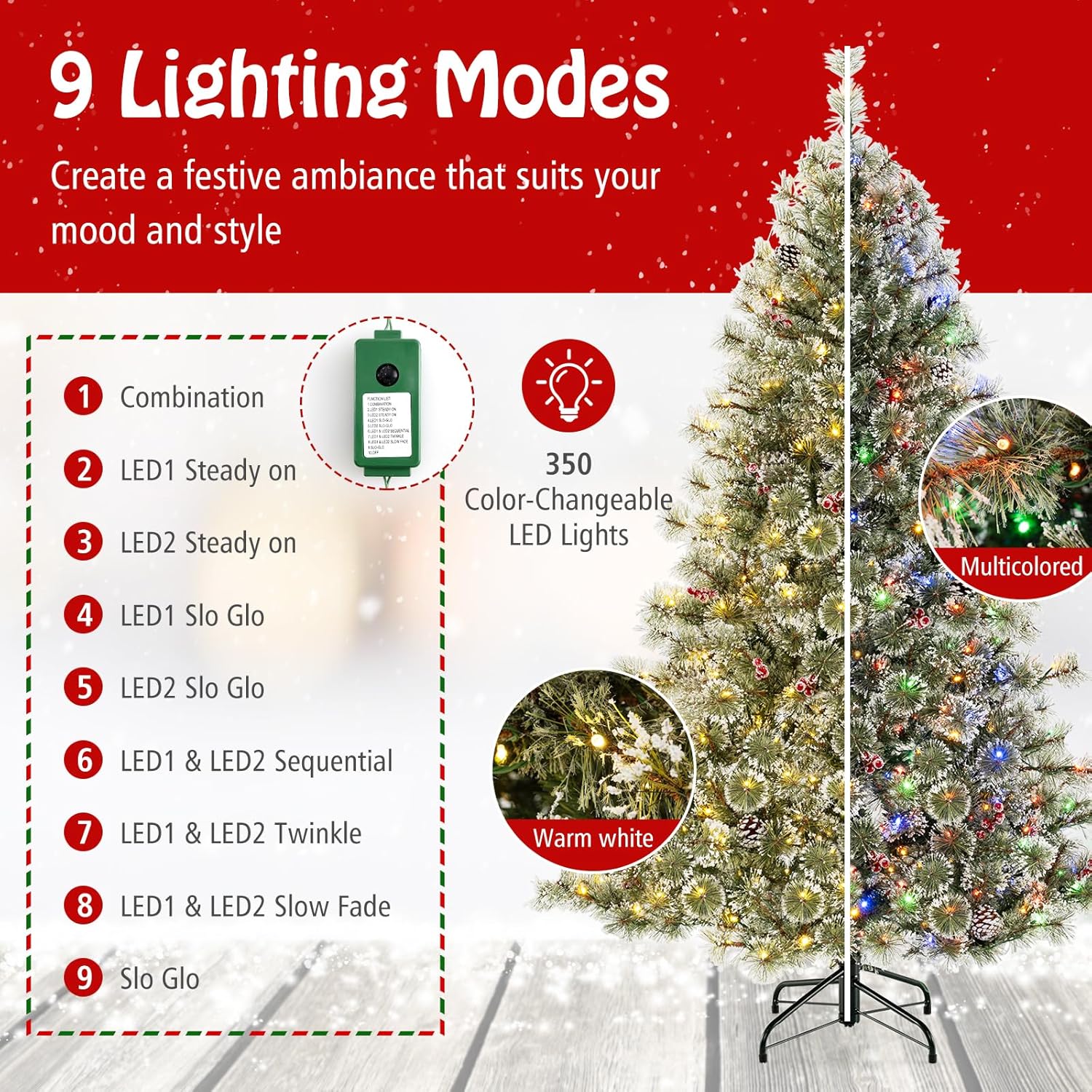 Albero di Natale Artificiale 180 CM, Albero di Natale Pre-Illuminato con 350 Luci LED Multicolore e Calde, 9 Modalità, 598 Punte di Pino, 42 P - 5