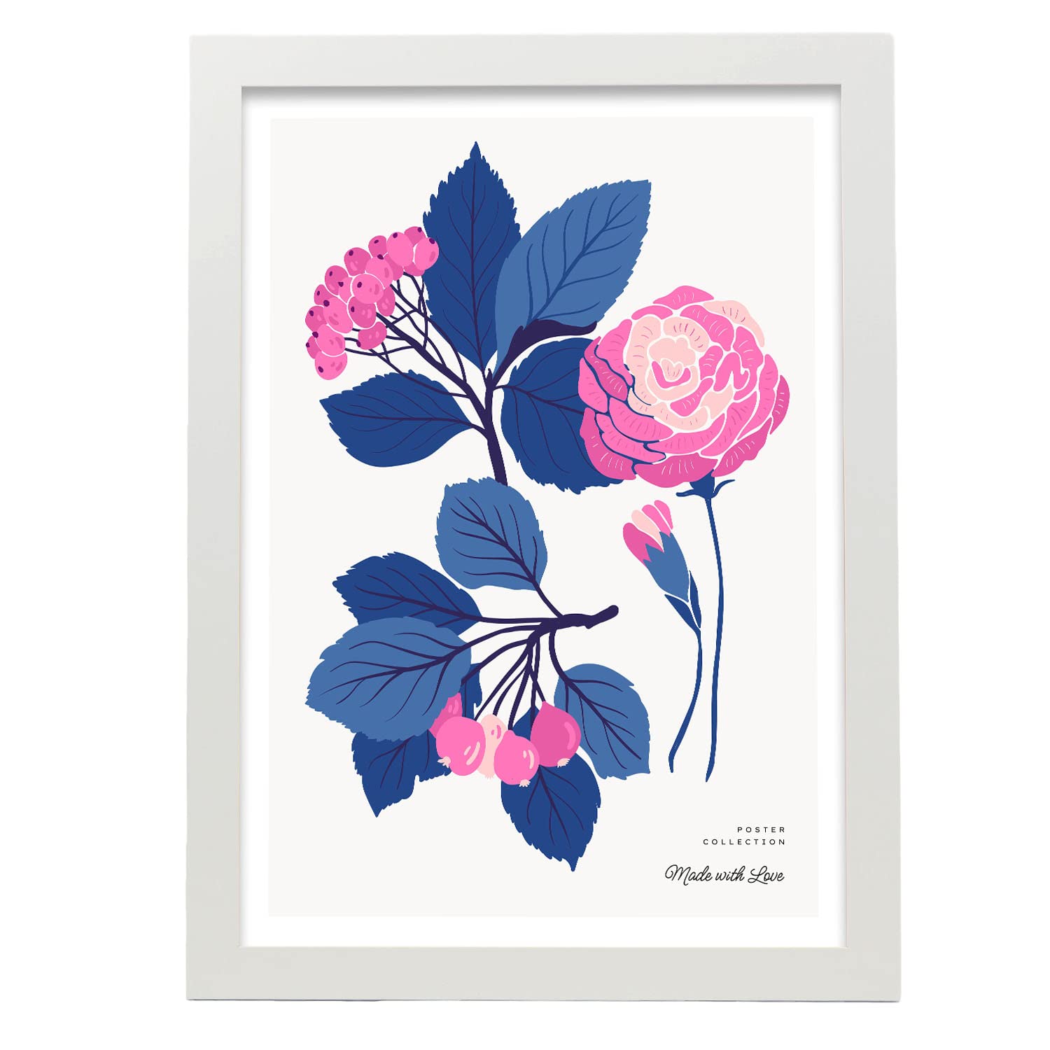 Nacnic póster pop art abstracto. flores rosas hojas azules ilustraciones artísticas modernas para la decoración de interiores. con marco blanco - a3