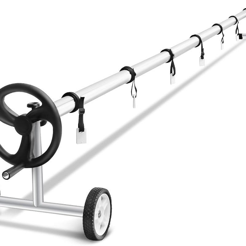 Regulowany Zwijacz do Foli Bąbelkowej o Długości od 1,65 m do 7 m do Foli i Foli Solarnych, Mobilny Zwijacz Basenowy z Aluminium, 8 Pasków Mocujących