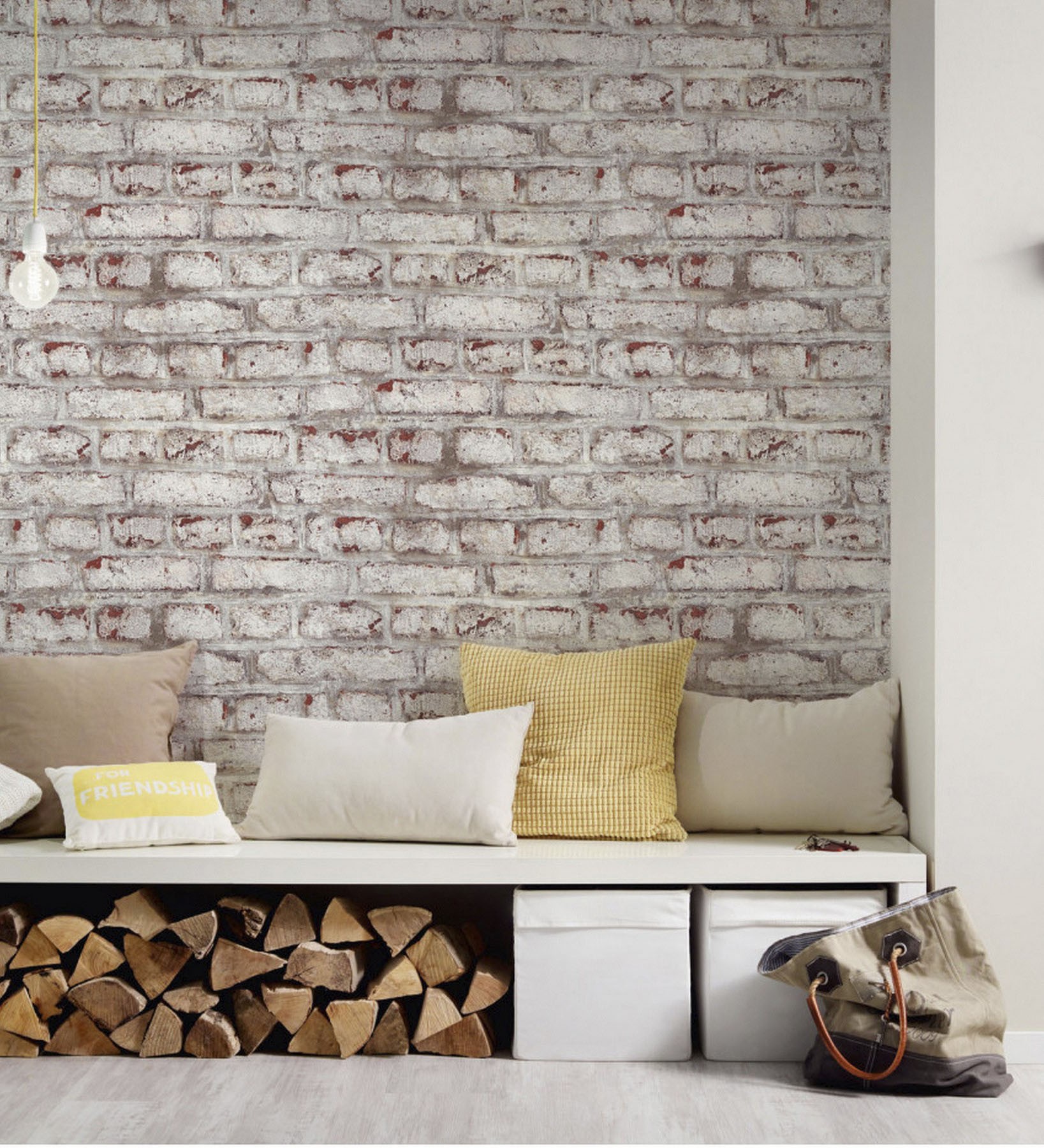 Papel pintado vinílico lavable imitando muro de ladrillos blanco con textura en relieve - kansas street 126334 de gaulan - rollo de 10 m x 0,53 m