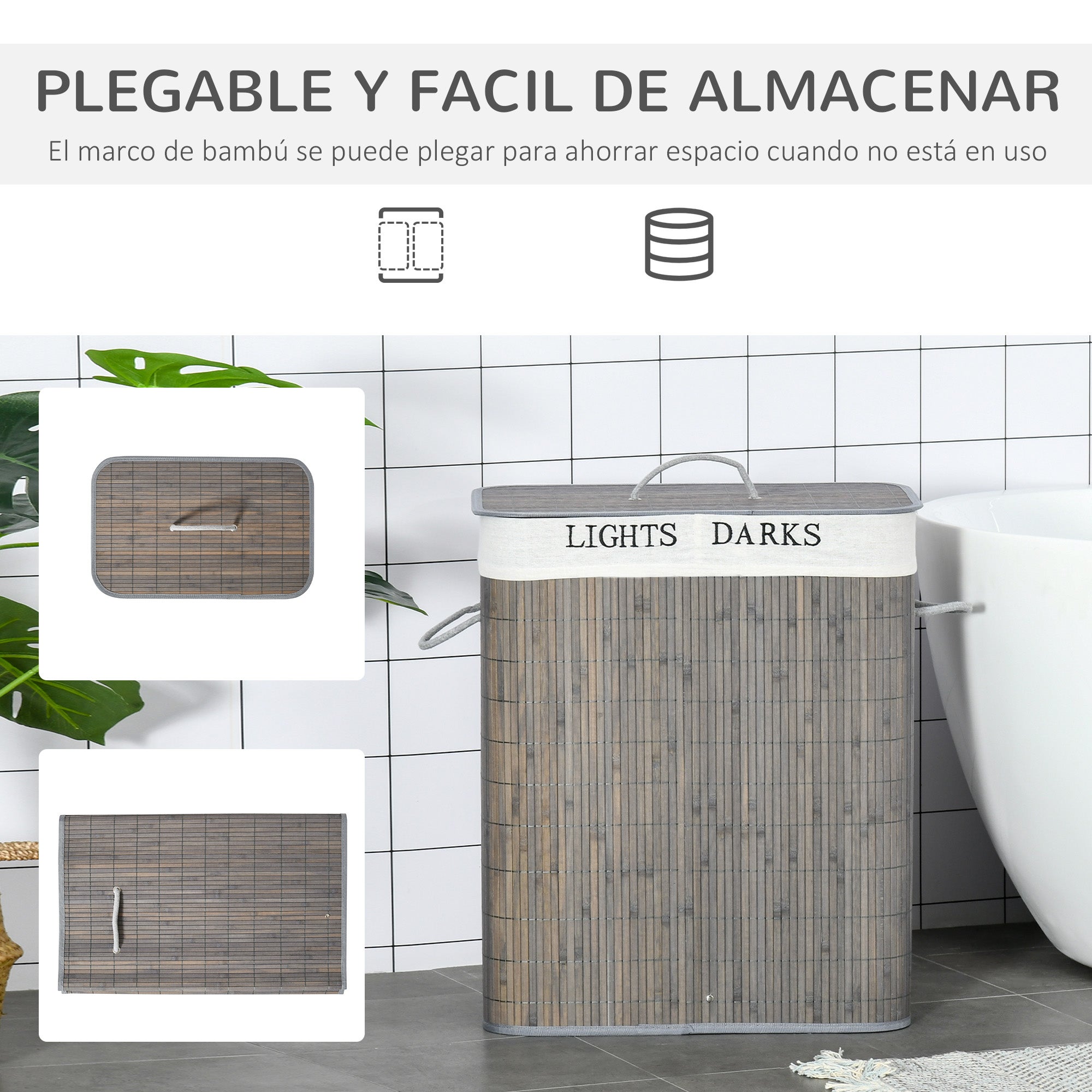 Panier linge bambou capacité 100 L, couvercle amovible, sac 2 compartiments, 52x32x63 cm, gris - 7