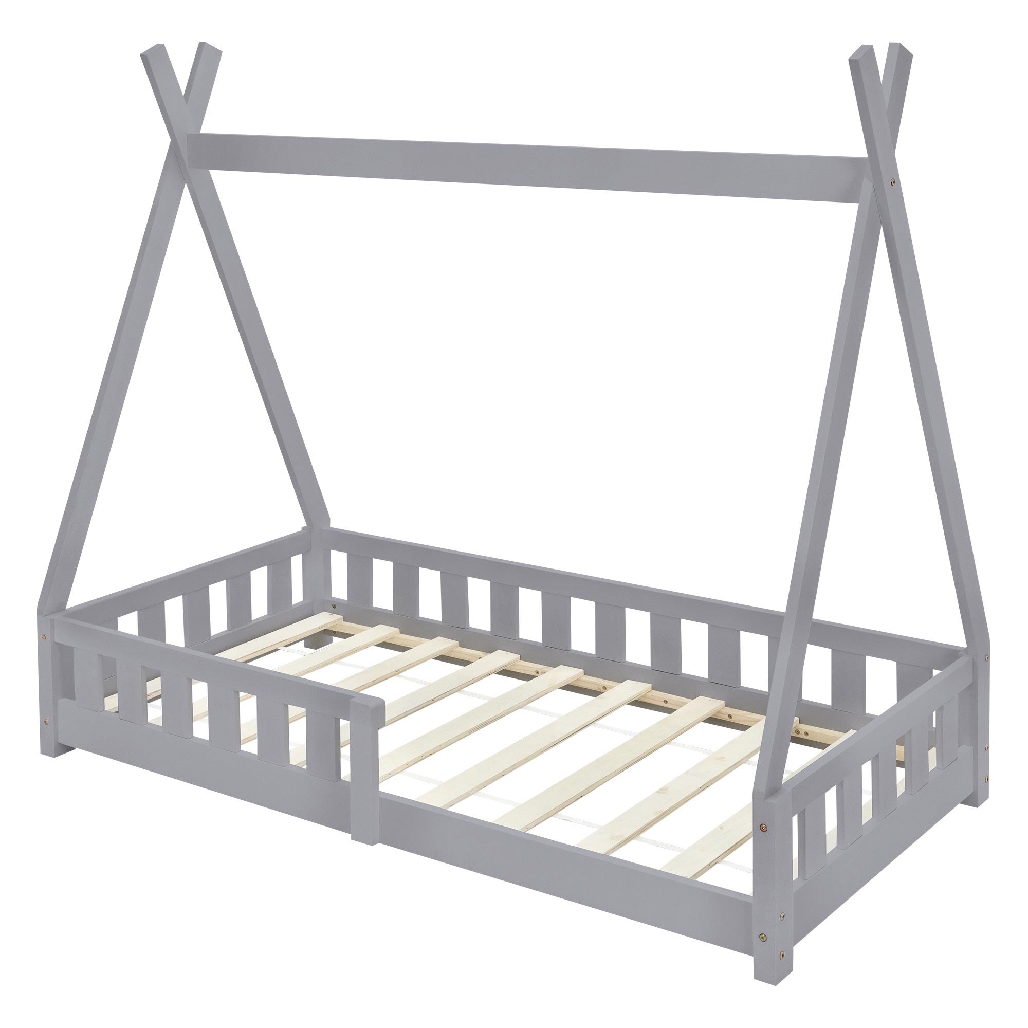 Lettino tepee per bambini 80x 160 cm con sponde, rete a doghe, letto tenda indiana da gioco in legno di pino massiccio grigio per cameretta bimbi - 3