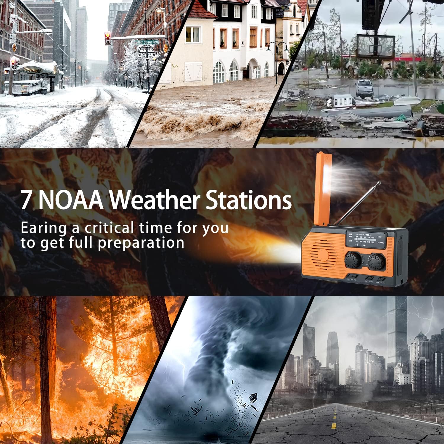 Radio solar AM/FM/NOAA, manivela linterna LED, batería 2000mAh, alarma SOS y cargador para teléfono.Ideal para emergencias y actividades al aire libre - 4