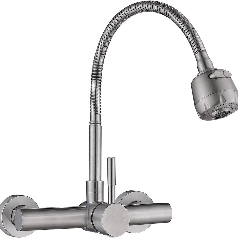 Bateria ścienna do zlewu kuchennego z wyciąganą wylewką, bateria ze stali nierdzewnej w kolorze niklu szczotkowanego