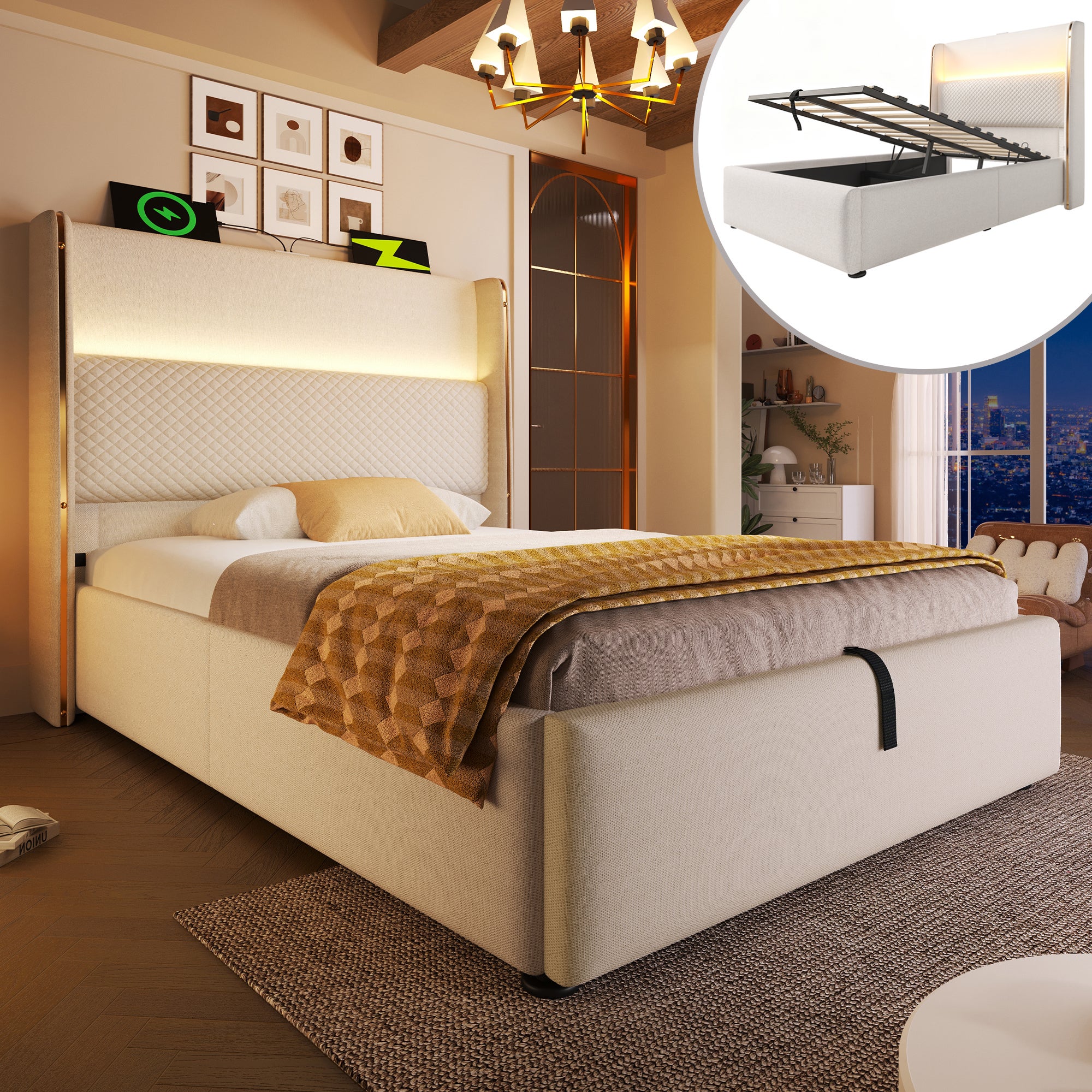 Łóżko z pojemnikiem 90 x 200 cm i zagłówkiem - Tkanina lniana - Gniazda USB/Typ-C i diody LED - Beżowe (materac nie jest wliczony w cenę)