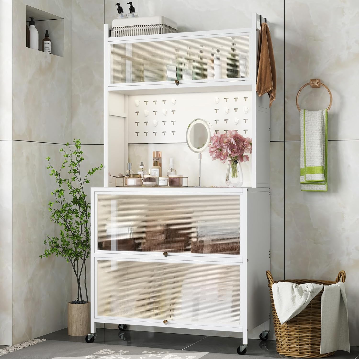 Aparador Alacena de Cocina, Soporte para Microondas con Puertas Inclinables y Gabinetes, Panel de Perforaciones con Ganchos, Ruedas y Patas Aj - 4