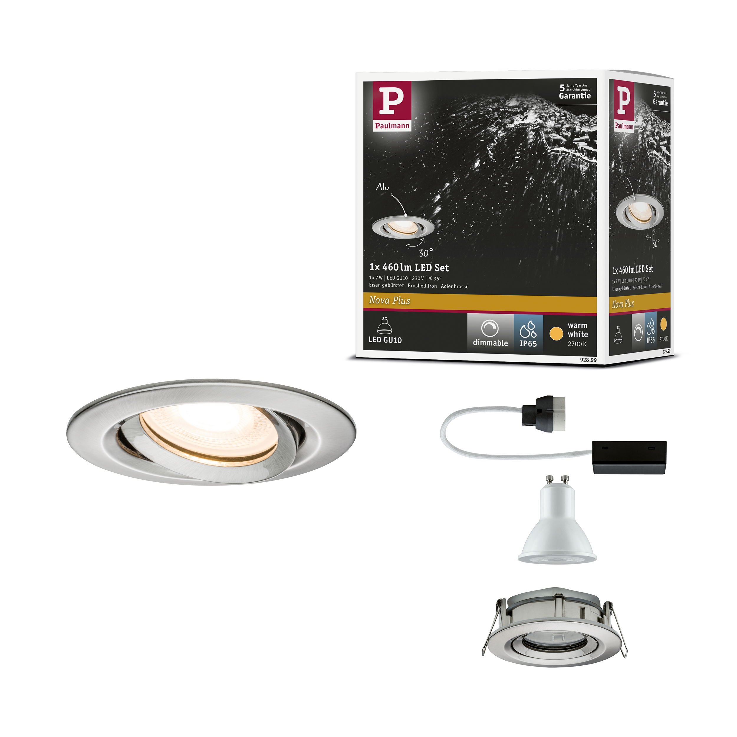 Paulmann  Spot Encastré Led Nova Plus Luminaire Individuel Orientable Ip65 Rond 93 Mm 30° Gu10 7W 460Lm 230V Gradable 2700K Acier Brossé , Leroy Merlin